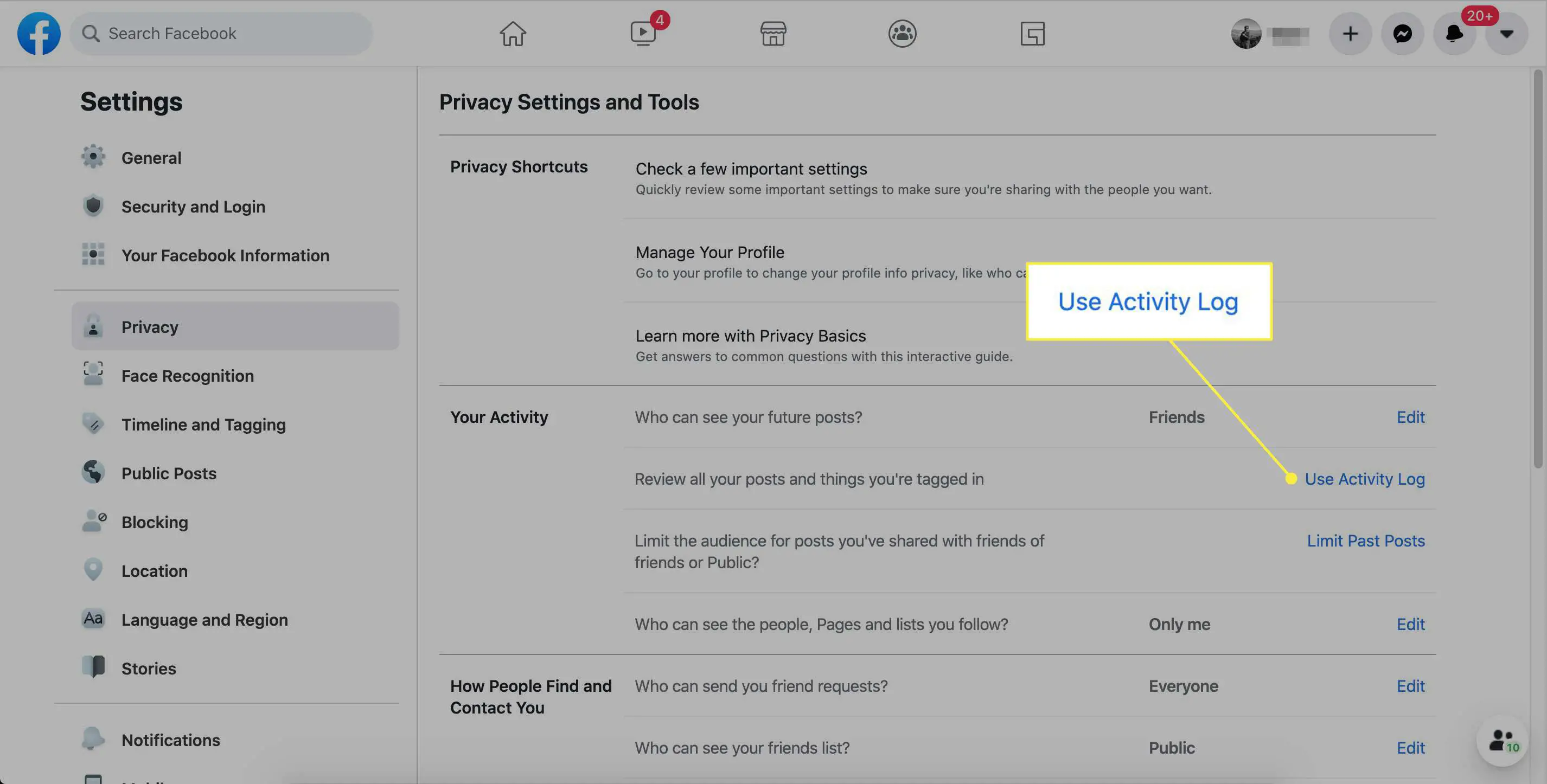 O botão "Usar registro de atividades" nas configurações do Facebook