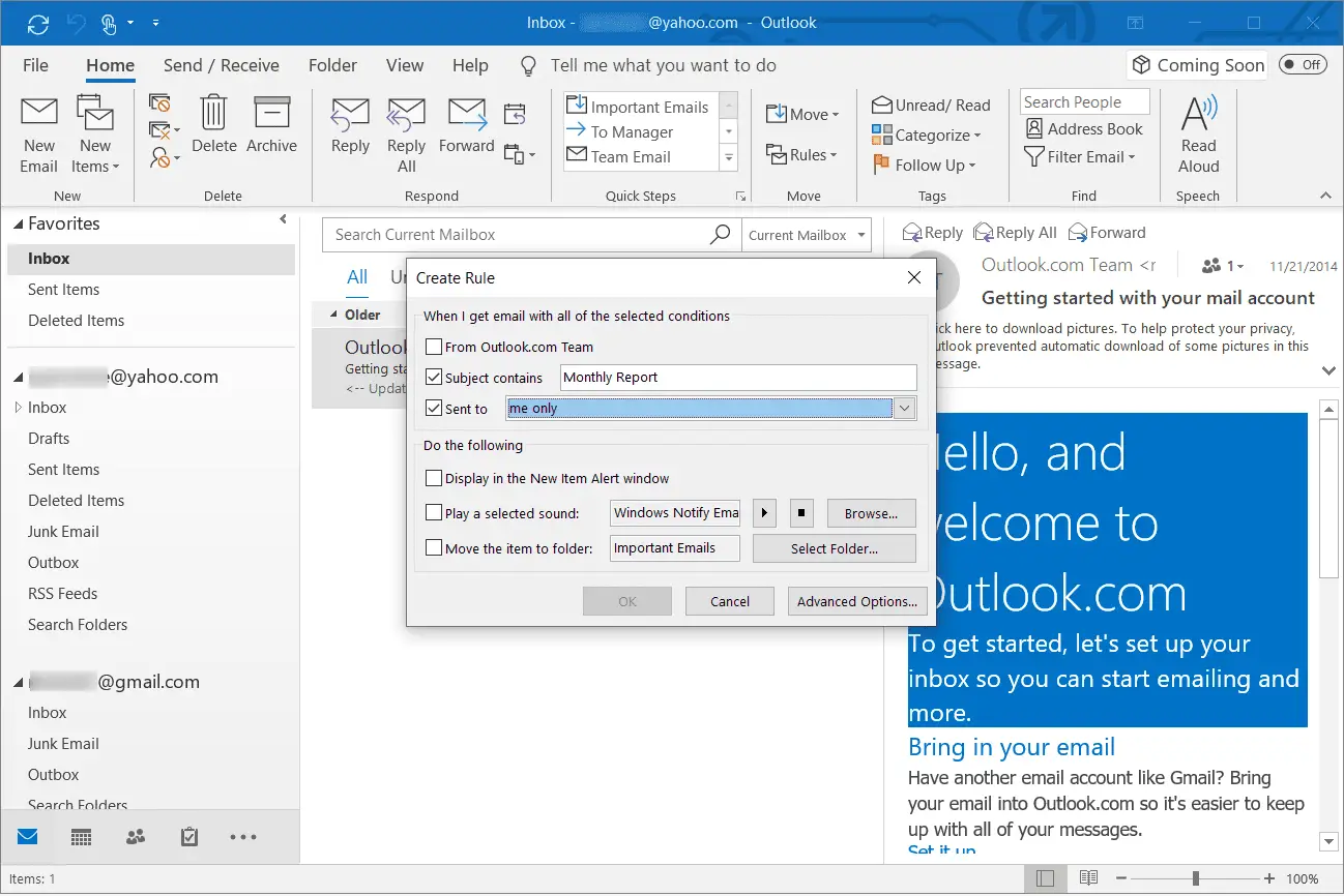 Seleção de filtros de e-mail de entrada no Outlook