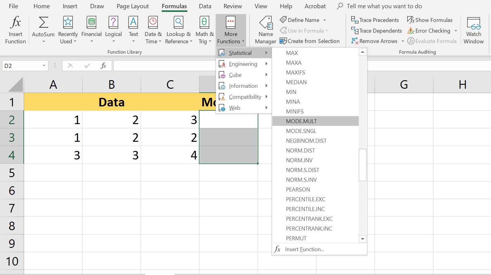 Menu suspenso Mais funções do Excel, mostrando fórmulas estatísticas.