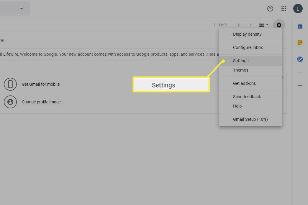 Configurações do Gmail no menu