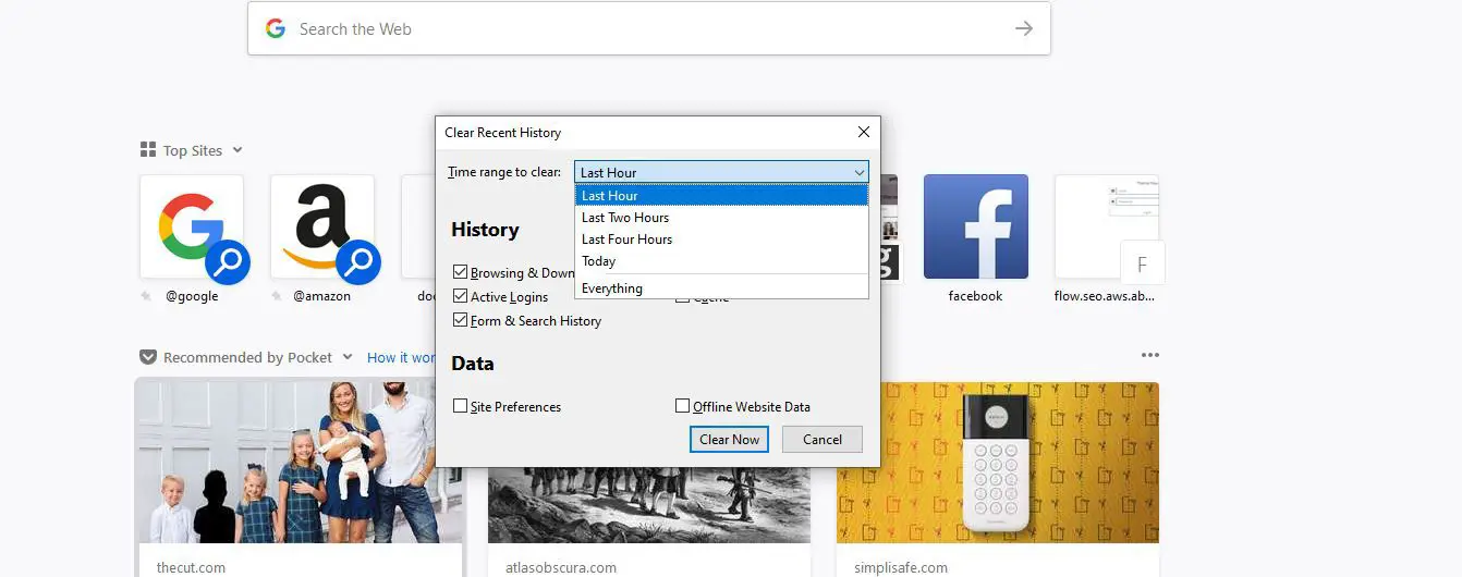 Intervalo de tempo para limpar opções no Firefox Limpar janela de histórico recente