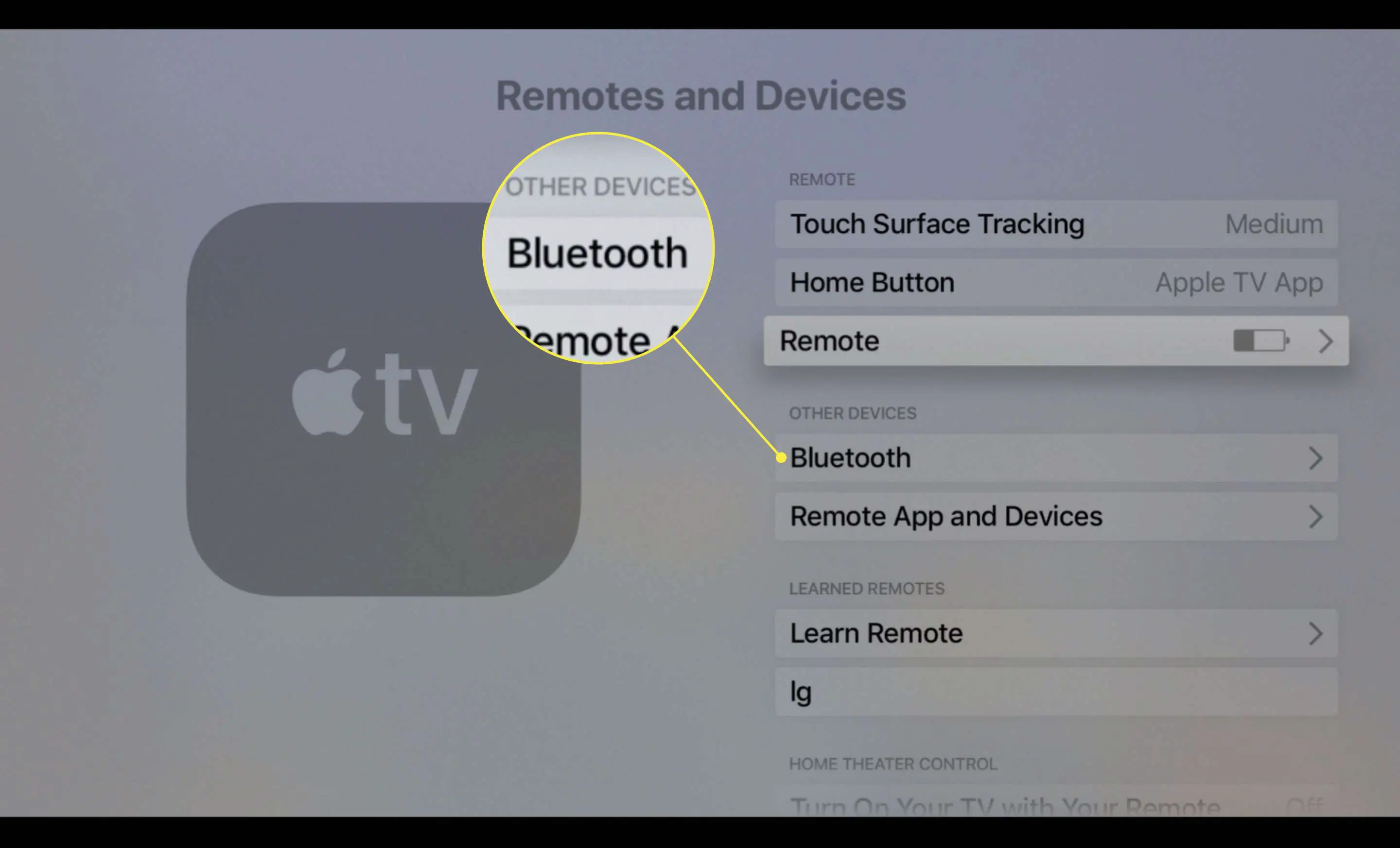 Uma captura de tela da tela de configurações de dispositivos e controles remotos da Apple TV com a opção Bluetooth destacada