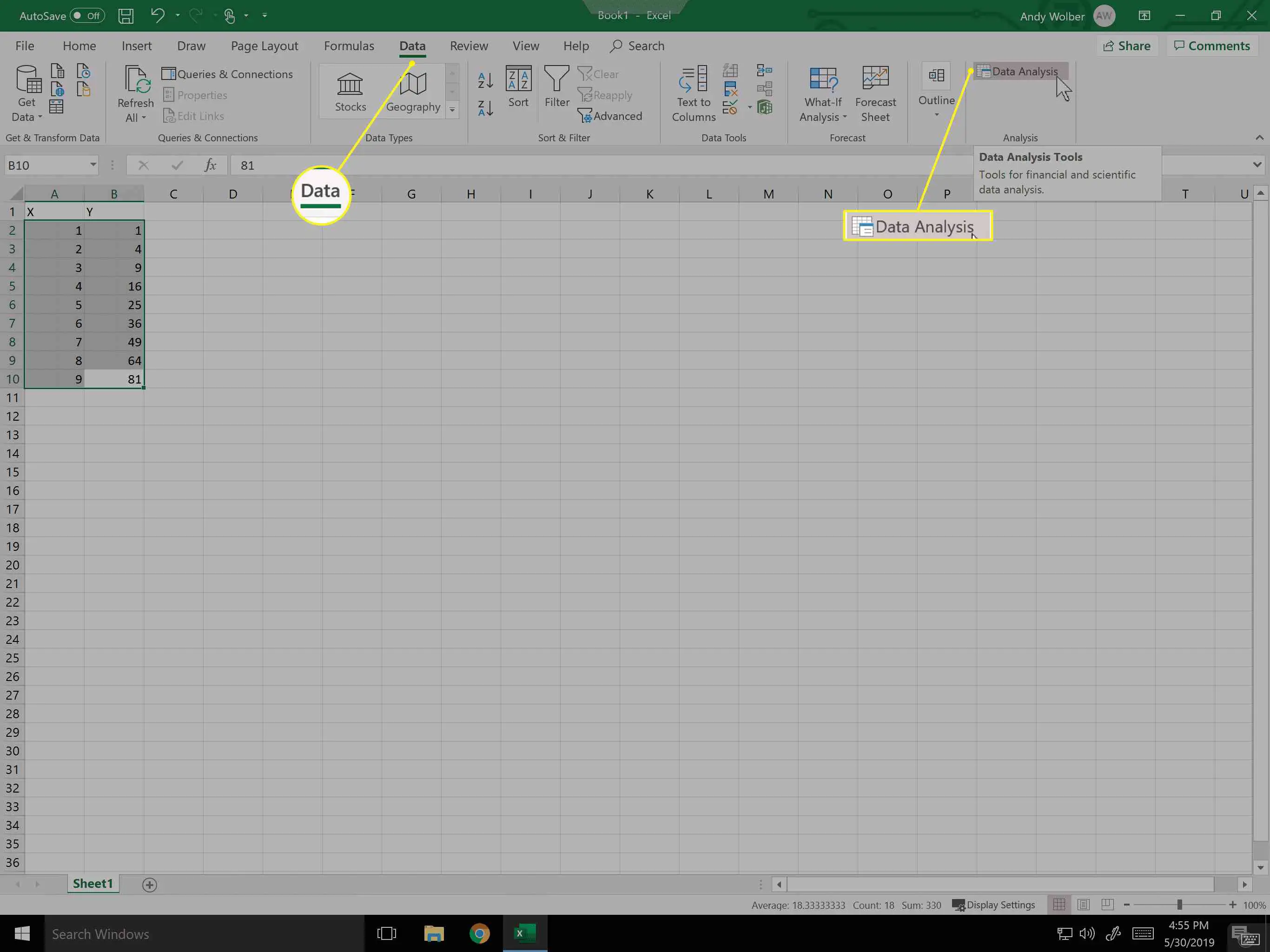 Ferramentas de análise de dados adicionadas ao Excel