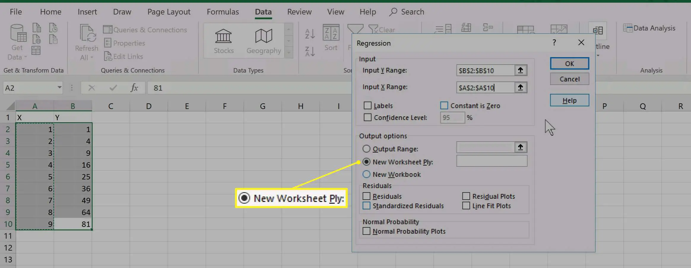 Opções de saída de regressão do Excel com a nova folha de trabalho selecionada
