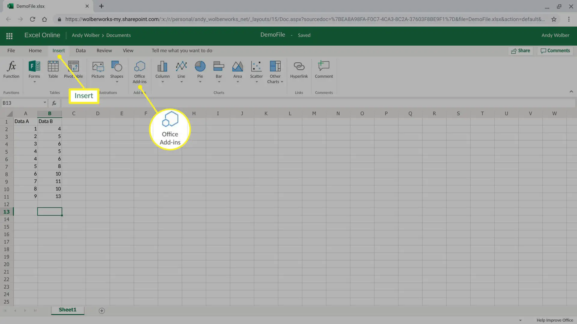 Mostra o menu de Inserção Online do Excel com Suplementos do Office destacados