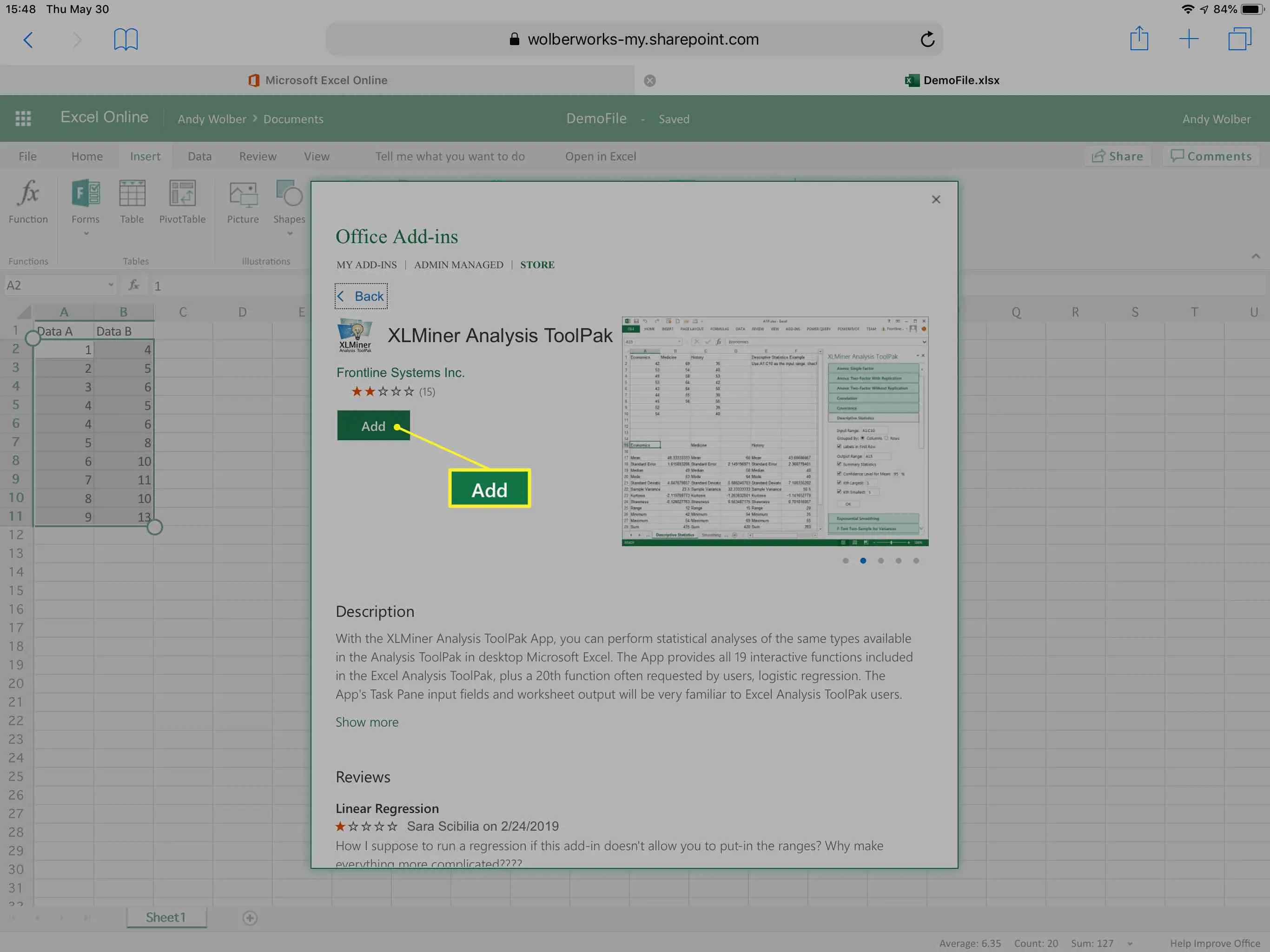 XLMiner Analysis ToolPak com o botão Adicionar destacado