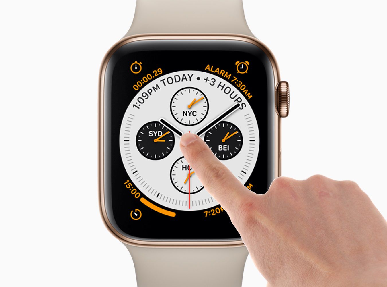 Um dedo gesticulando na tela de um Apple Watch