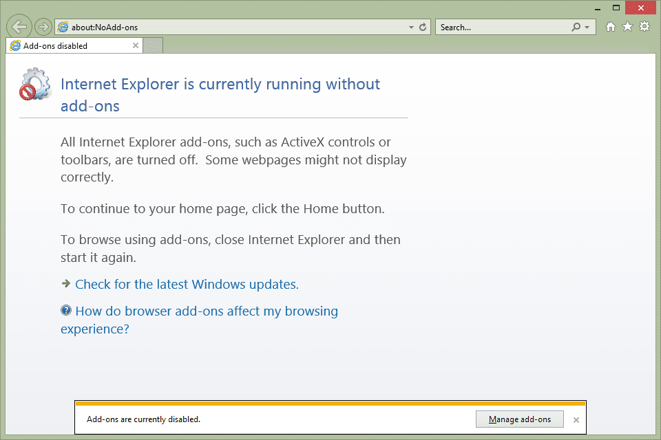 Captura de tela do modo de segurança do Internet Explorer