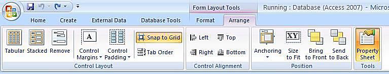 Captura de tela das ferramentas do Microsoft Access 2007 Organizar