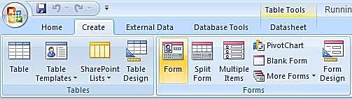 Captura de tela de criação da faixa de opções do Microsoft Access 2007