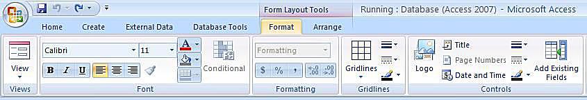 Captura de tela das ferramentas do formato Microsoft Access 2007