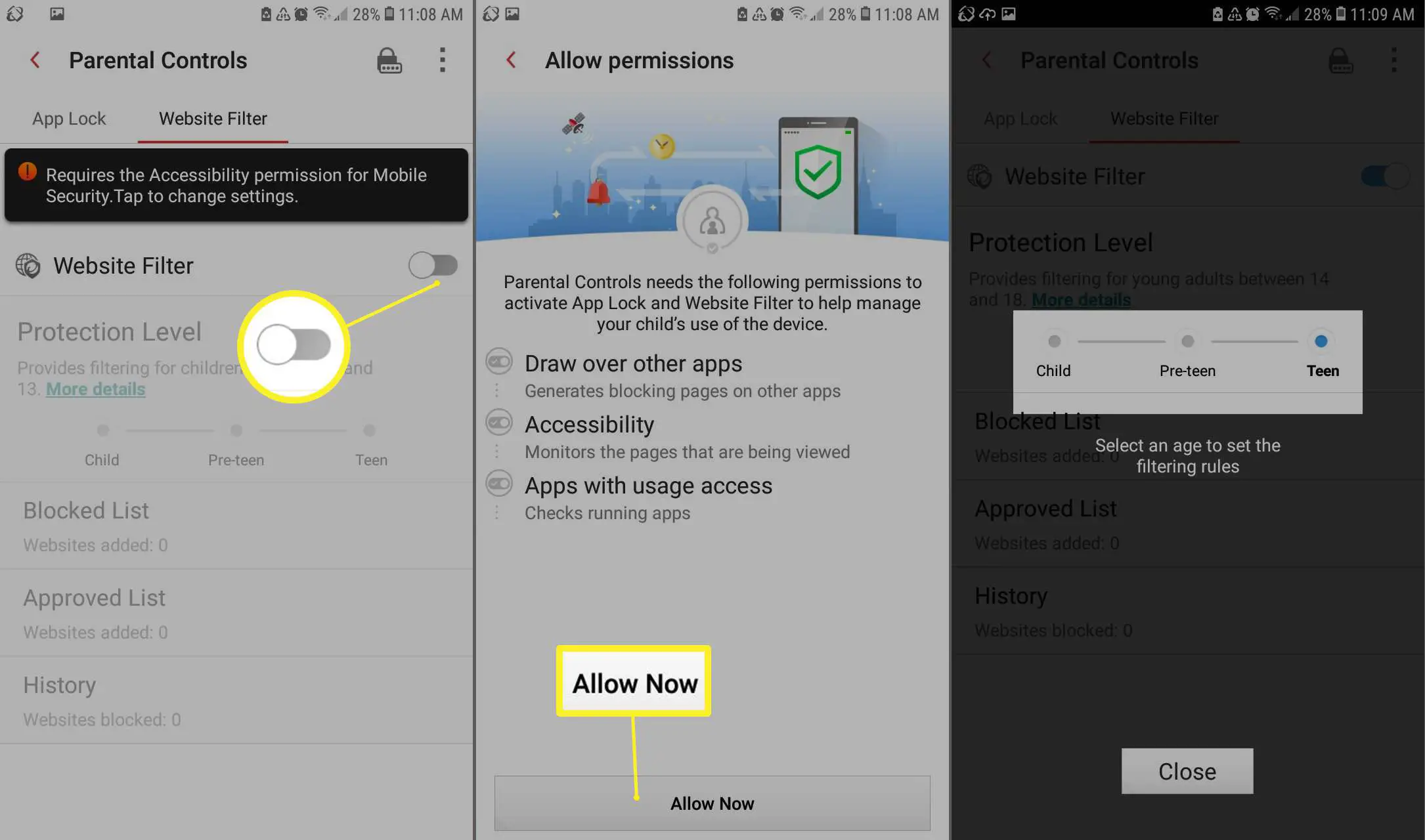 Configure o controle dos pais para Android com o aplicativo Mobile Security