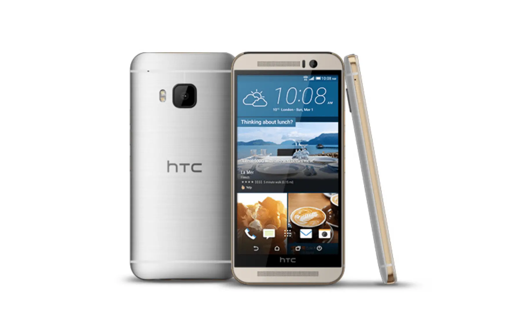 Smartphones HTC One M9, vistos de trás, frente e lateral
