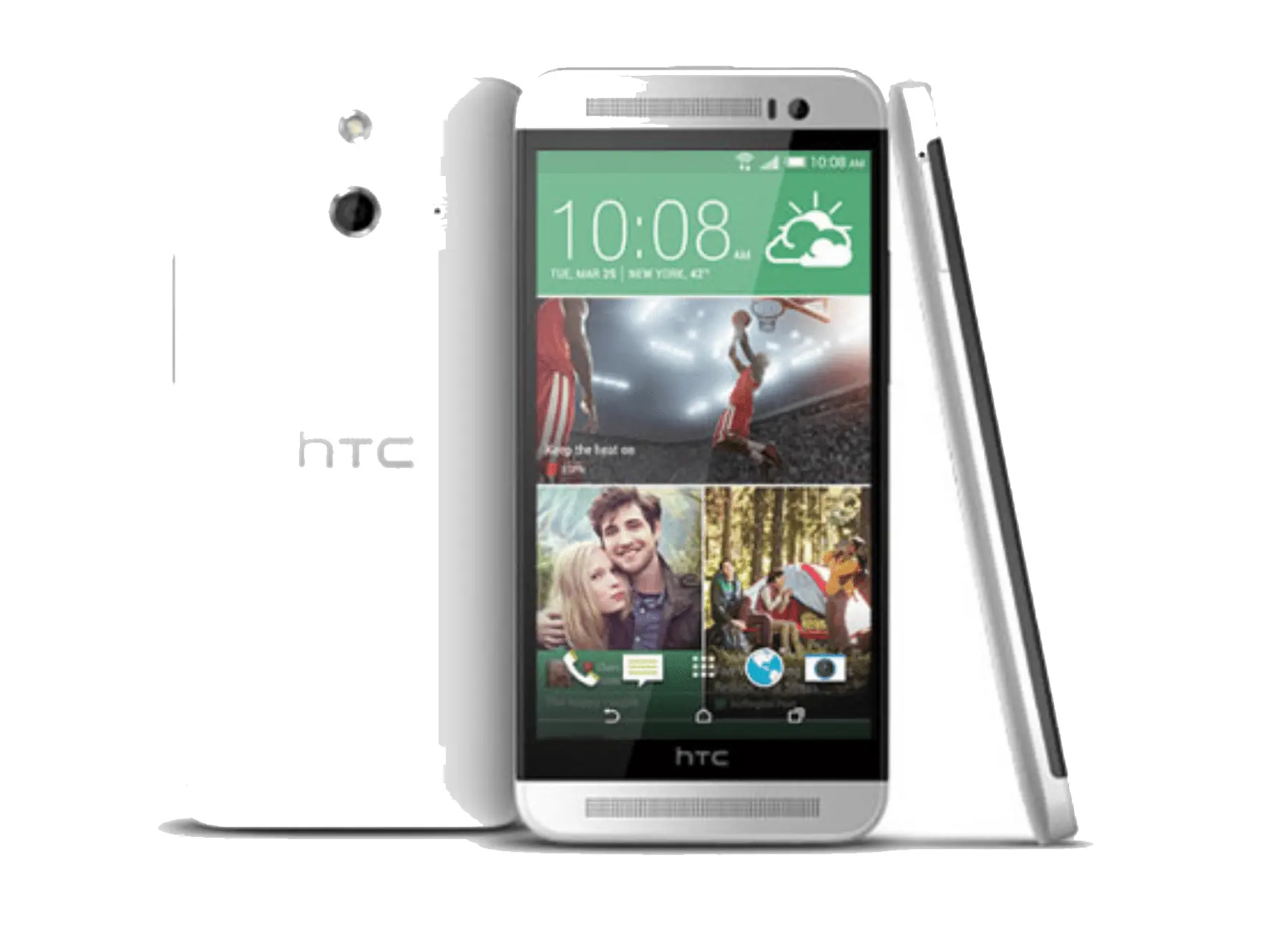 Smartphones HTC One E8, vistos de trás, frente e lateral