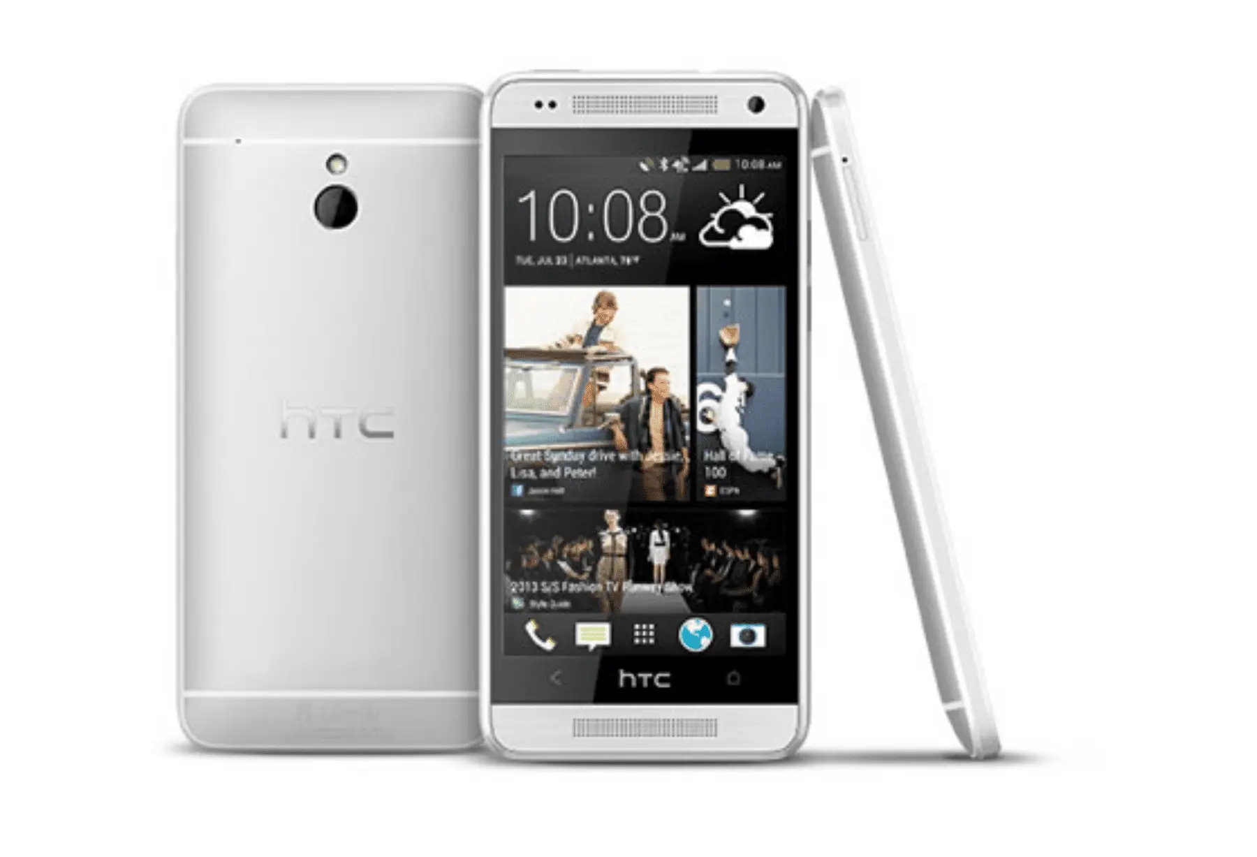 Smartphones HTC One Mini, vistos de trás, frente e lateral