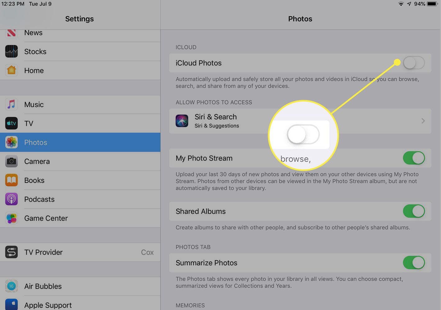 Uma captura de tela das configurações de fotos do iPad com o botão Fotos do iCloud destacado