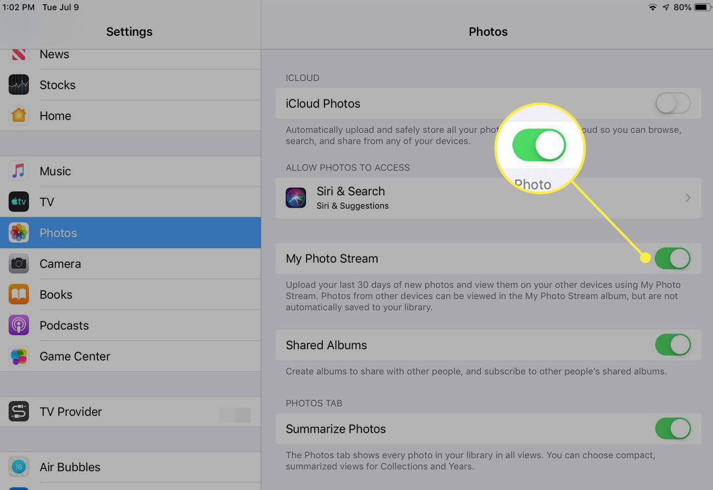 Uma captura de tela das configurações de fotos do iPad com o botão ao lado de My Photo Stream destacado