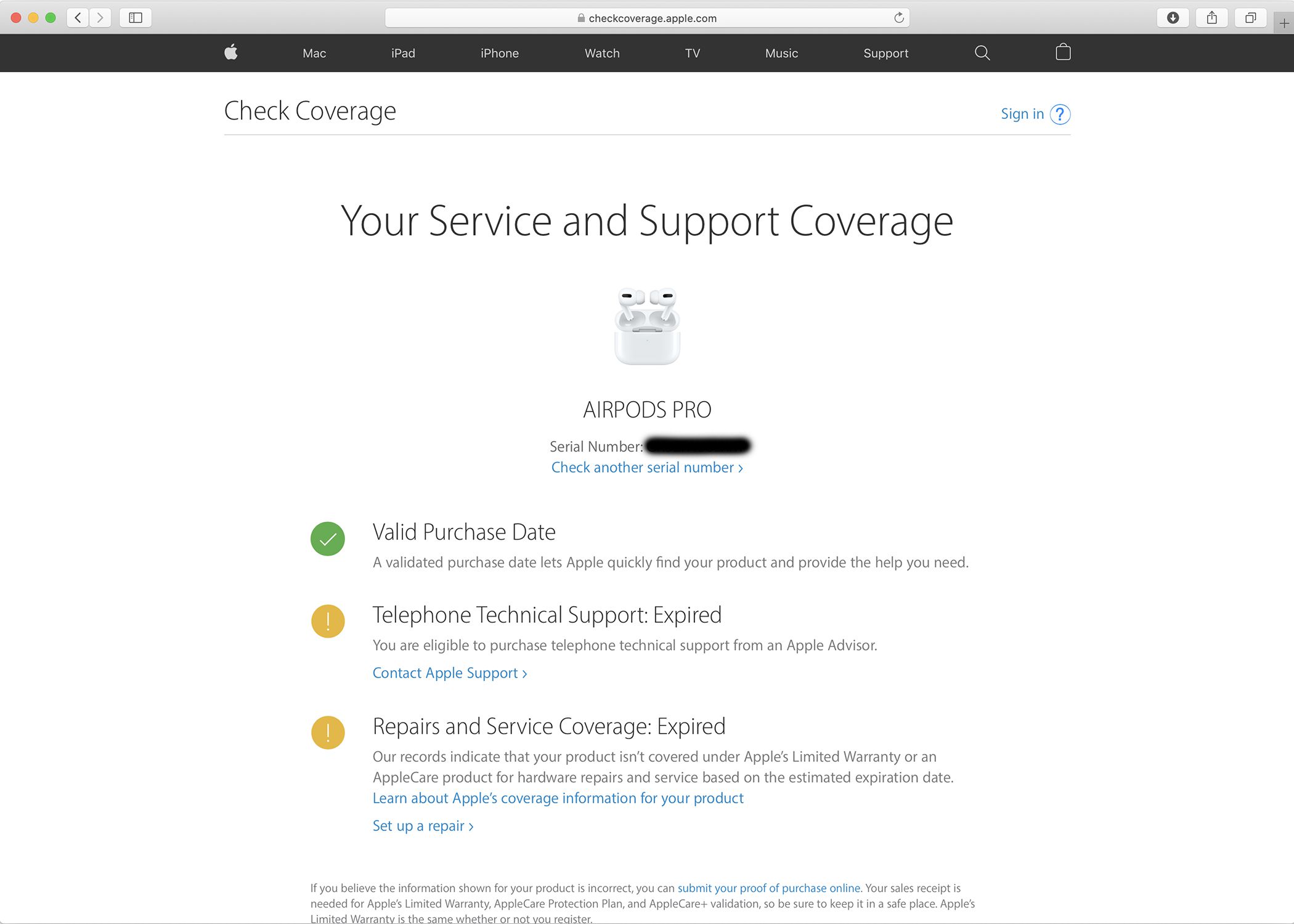 Captura de tela da ferramenta do site de cobertura de garantia da Apple mostrando dados