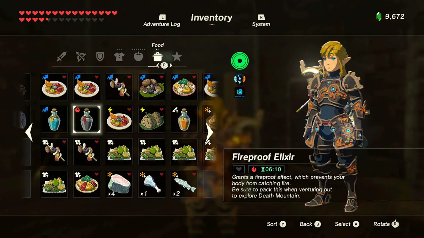 Uma captura de tela do inventário com um elixir em Legend of Zelda: Breath of the Wild