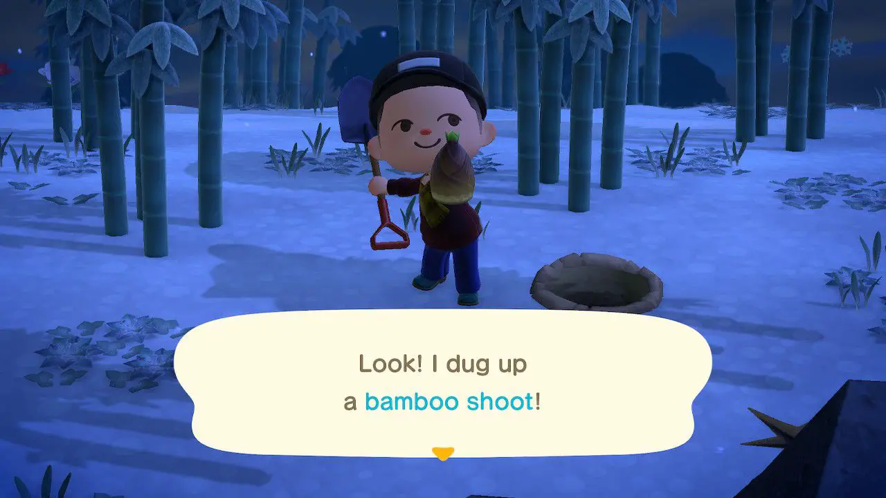 Um personagem do jogador desenterrando um broto de bambu em Animal Crossing: New Horizons