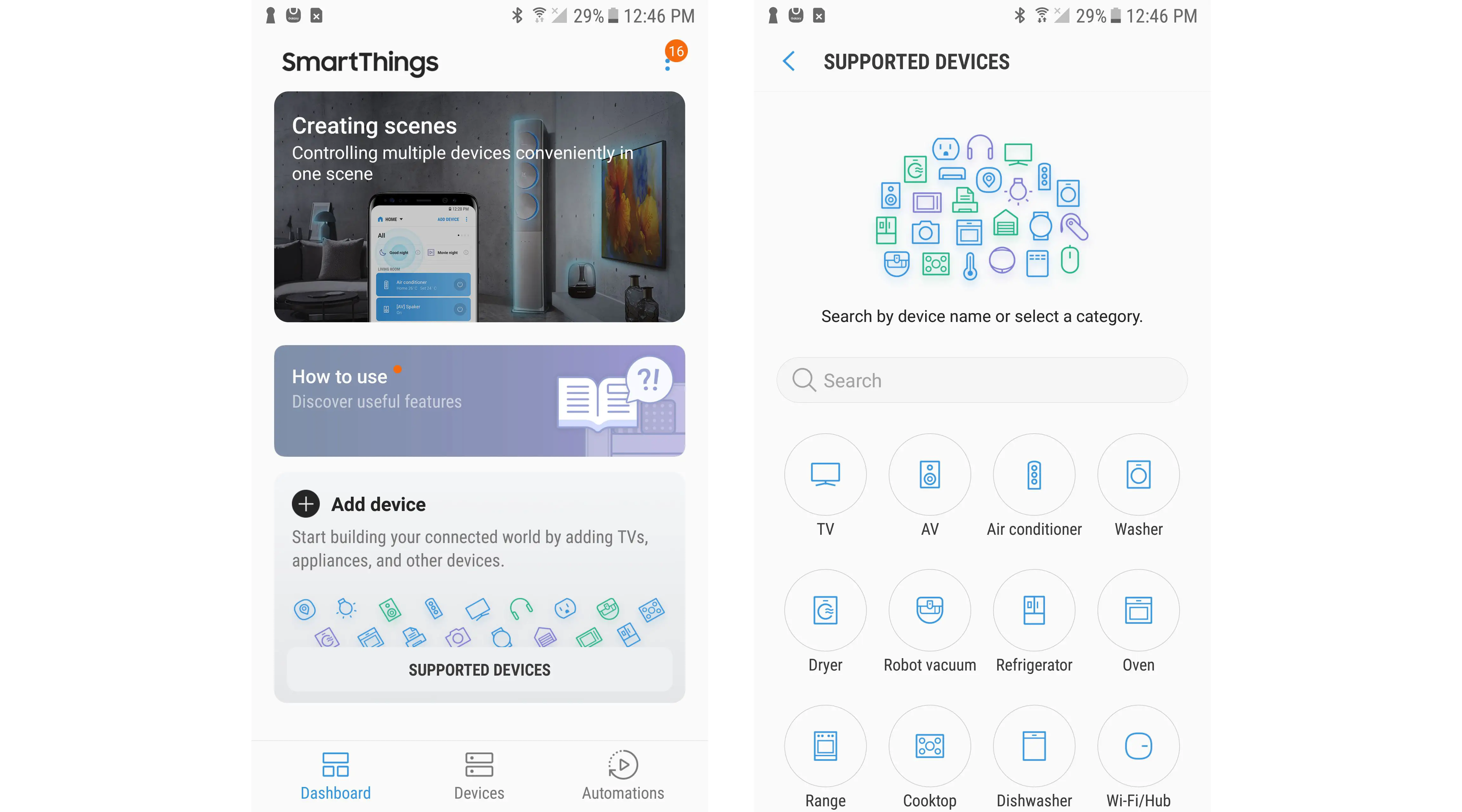 Capturas de tela do aplicativo de automação residencial Samsung SmartThings