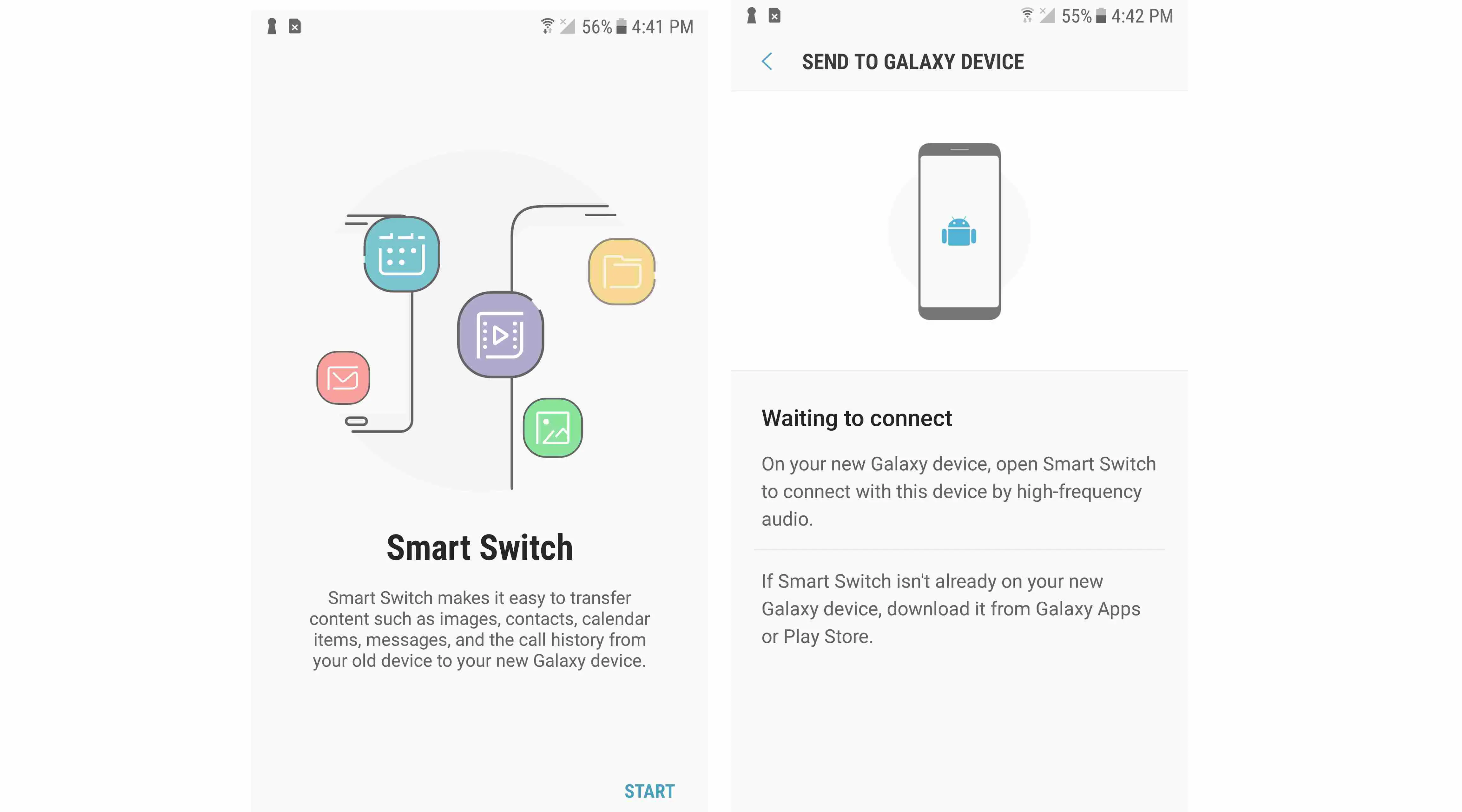 Capturas de tela do aplicativo Samsung Smart Switch
