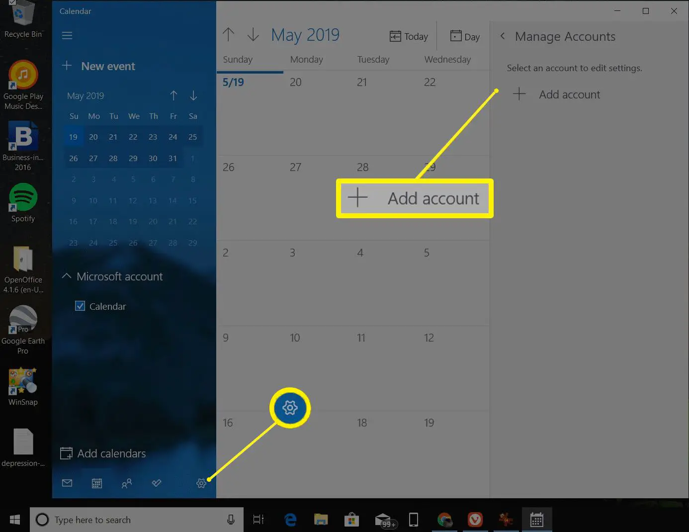 Gerenciar contas no calendário do Windows