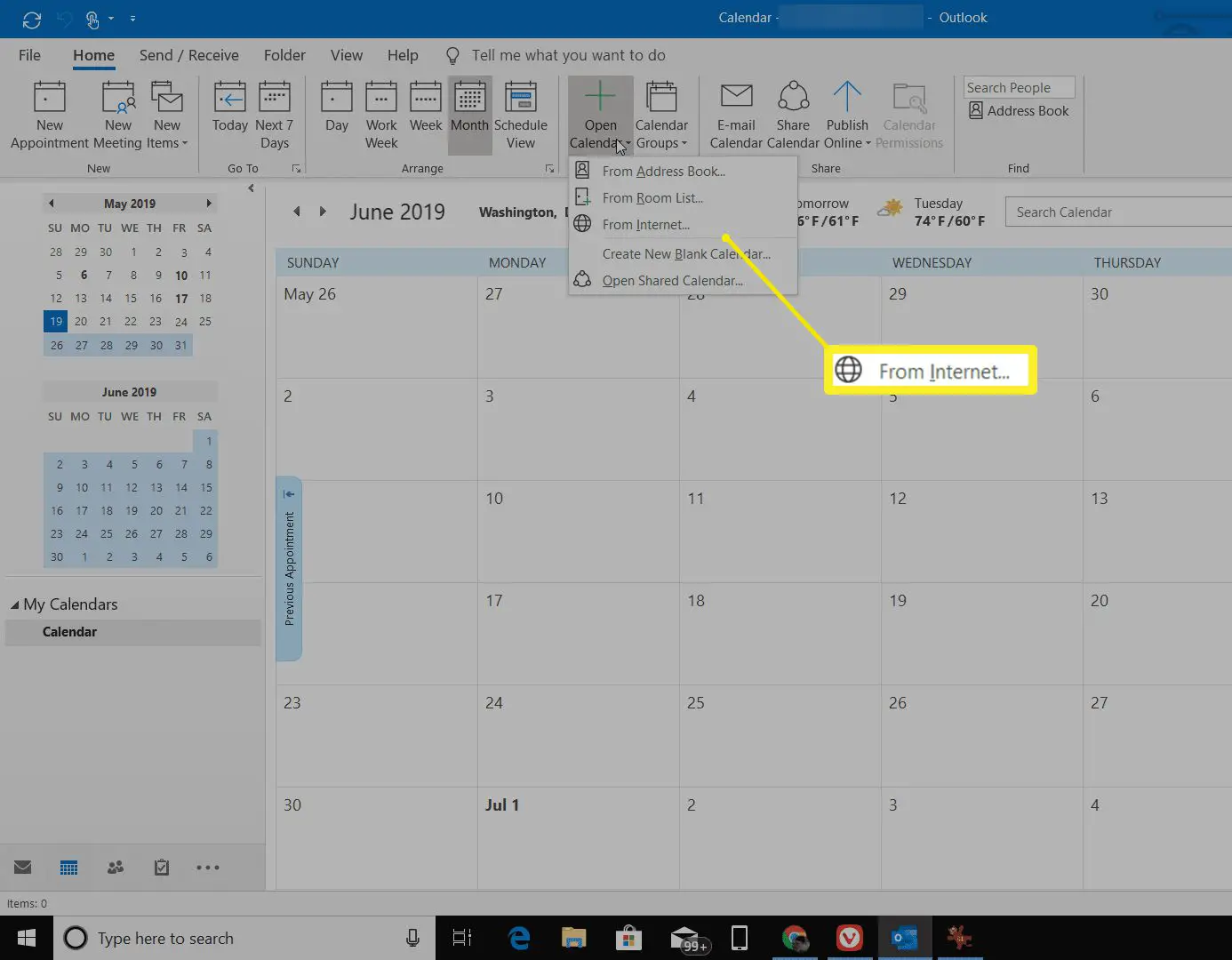 Acessando o calendário da Internet no Outlook