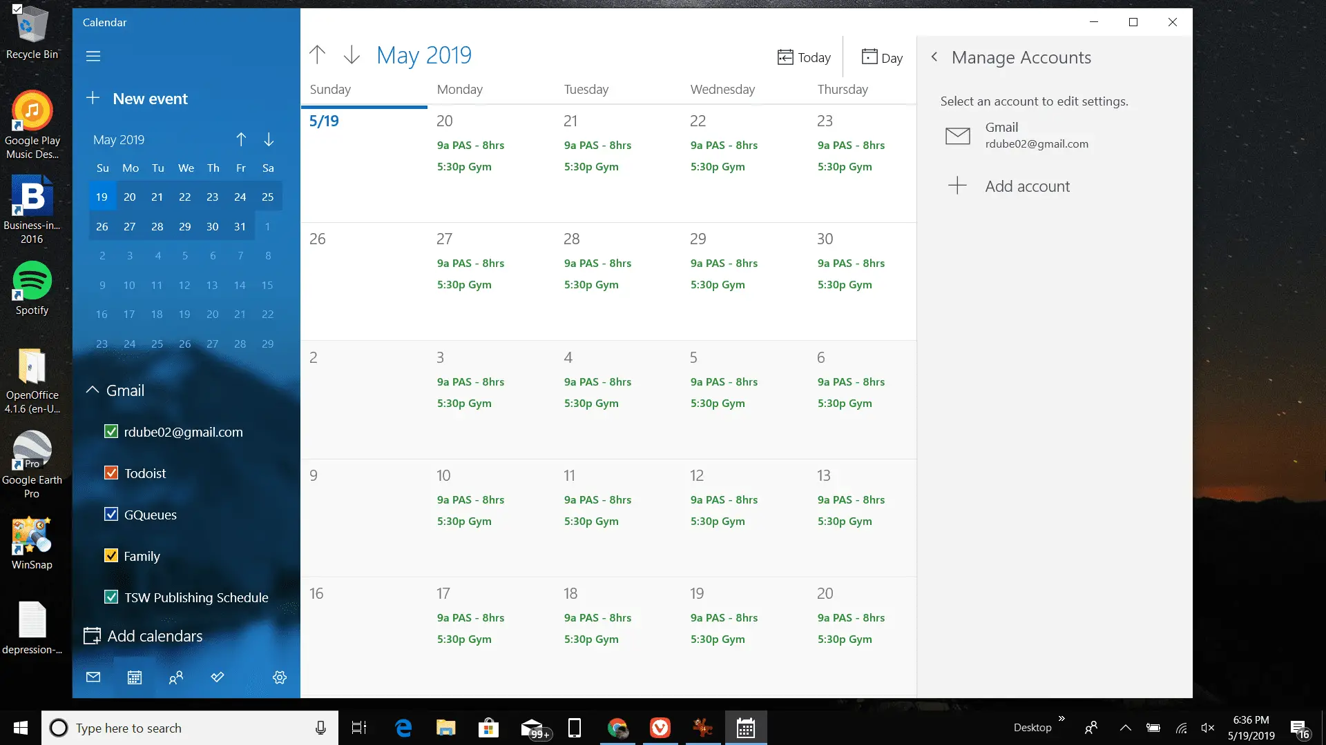Captura de tela do Windows Calendar sincronizado com sua conta do Google