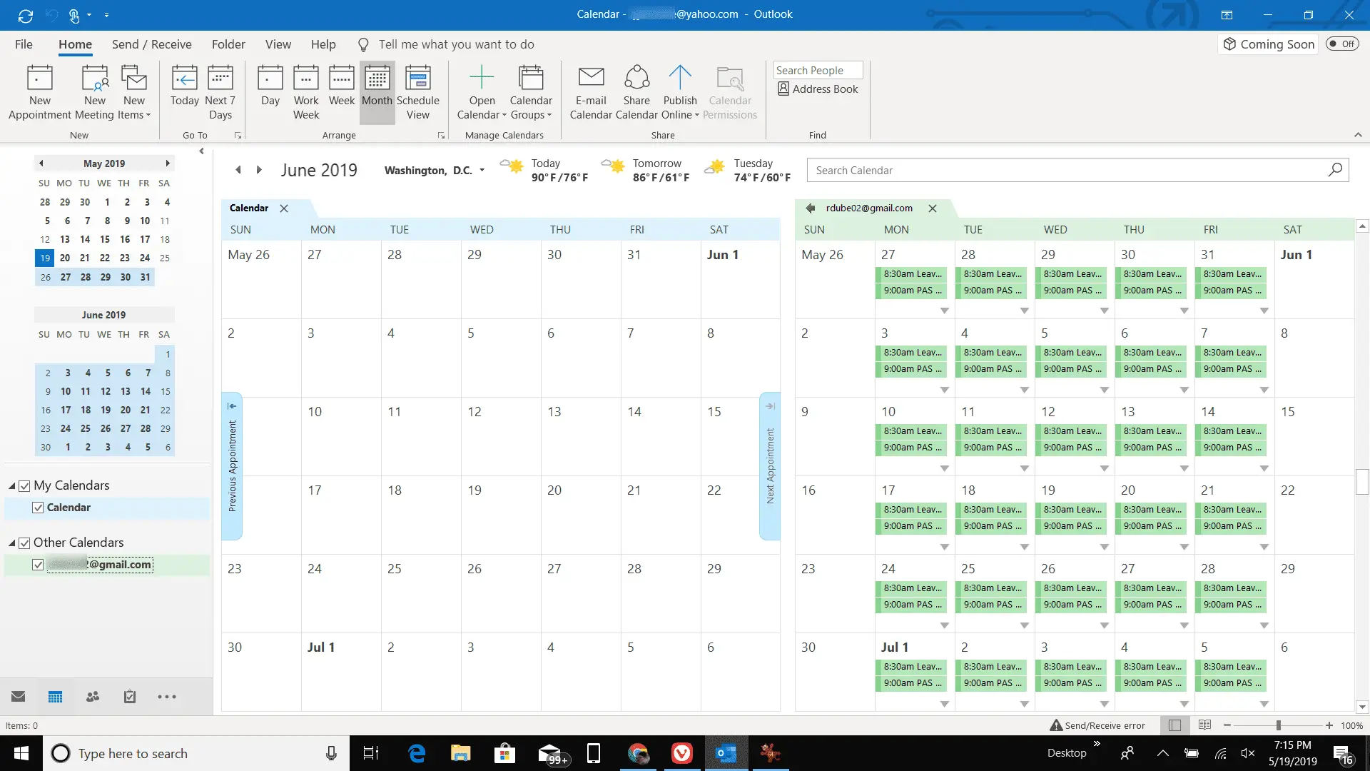 Captura de tela do calendário do Outlook sincronizado com o Google Agenda