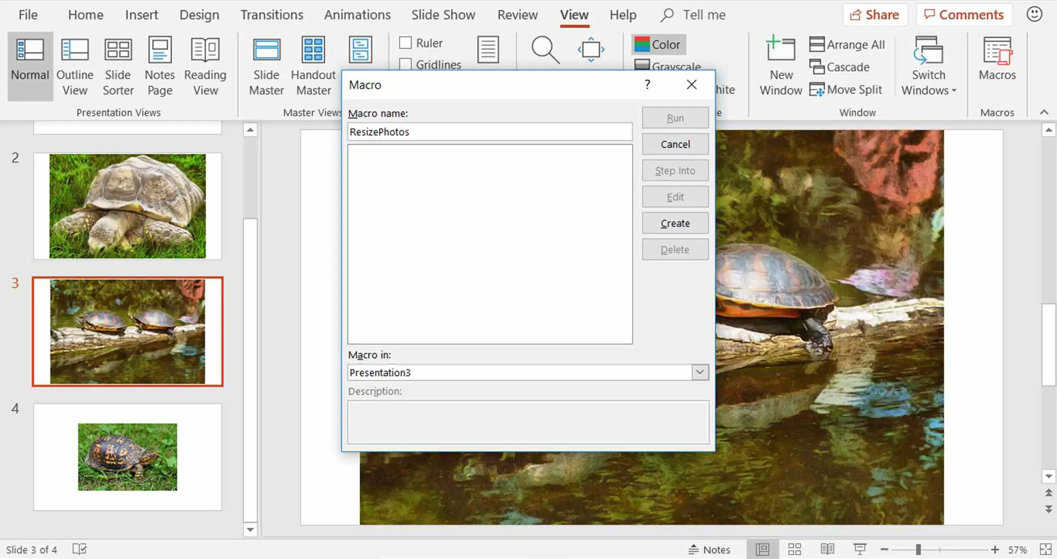 Uma captura de tela mostrando como nomear uma macro no PowerPoint