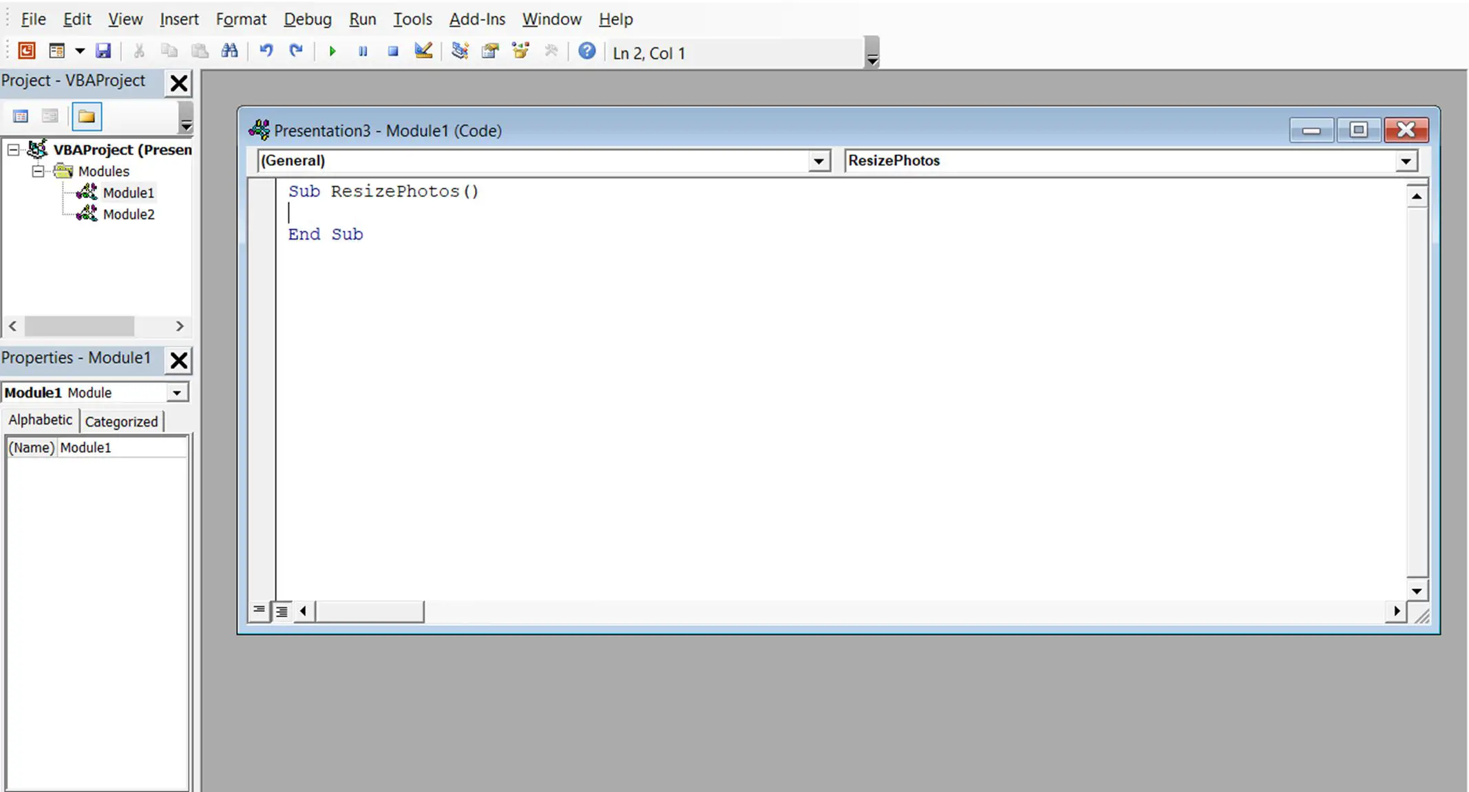 Uma captura de tela do Visual Basic for Applications no PowerPoint
