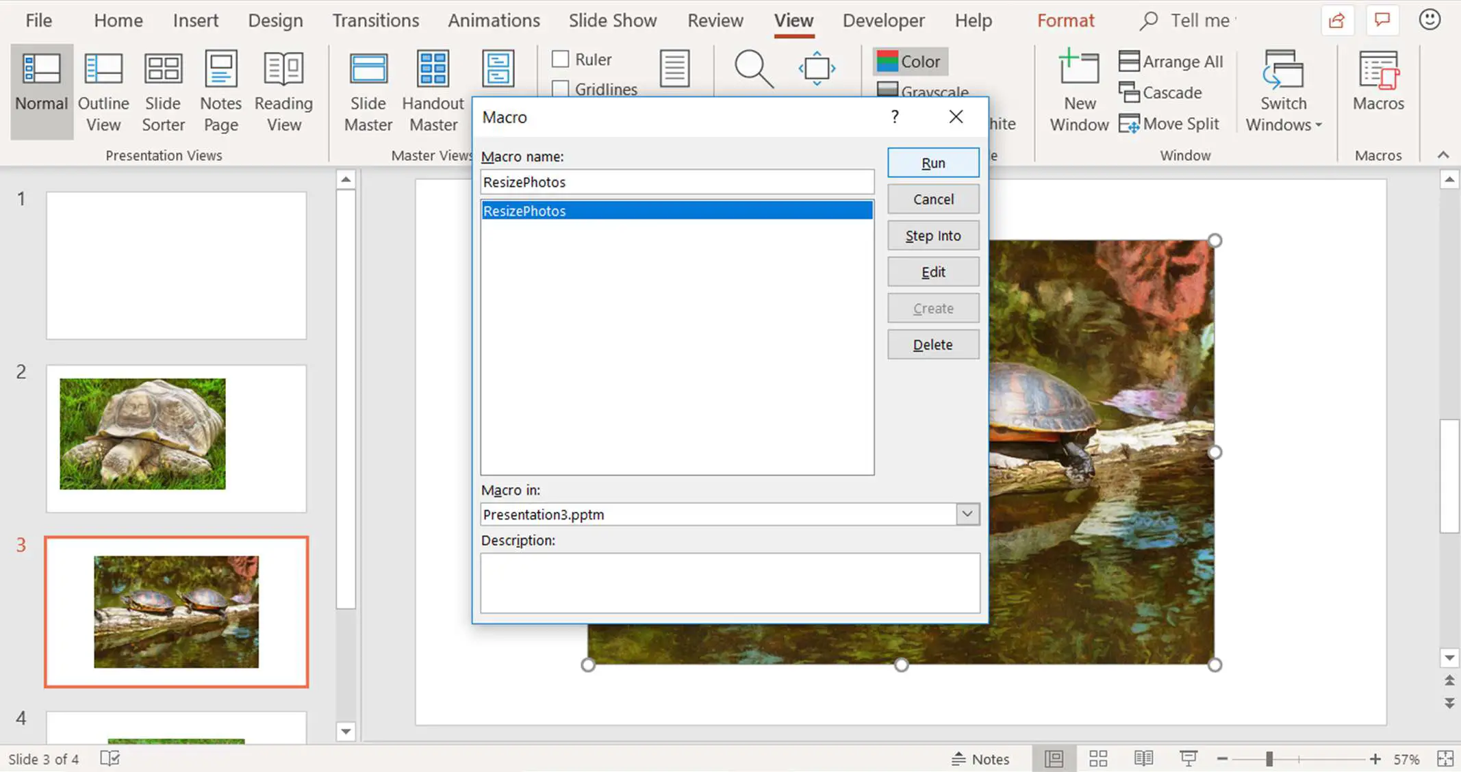 Uma captura de tela mostrando como executar uma macro no PowerPoint