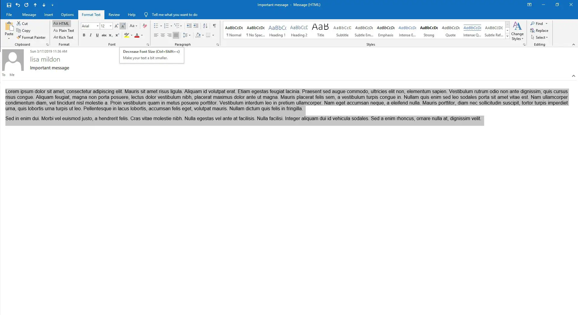 O texto em um e-mail no Outlook está prestes a ser reduzido