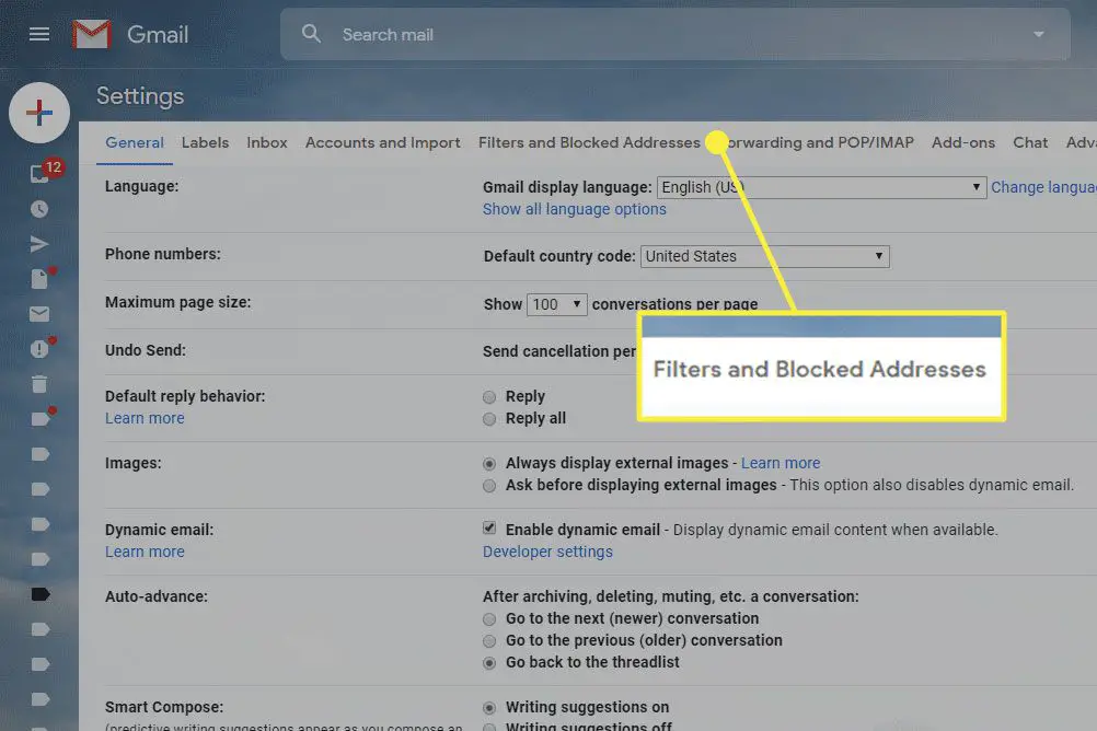 Uma captura de tela das configurações do Gmail com o título Filtros e endereços bloqueados destacado