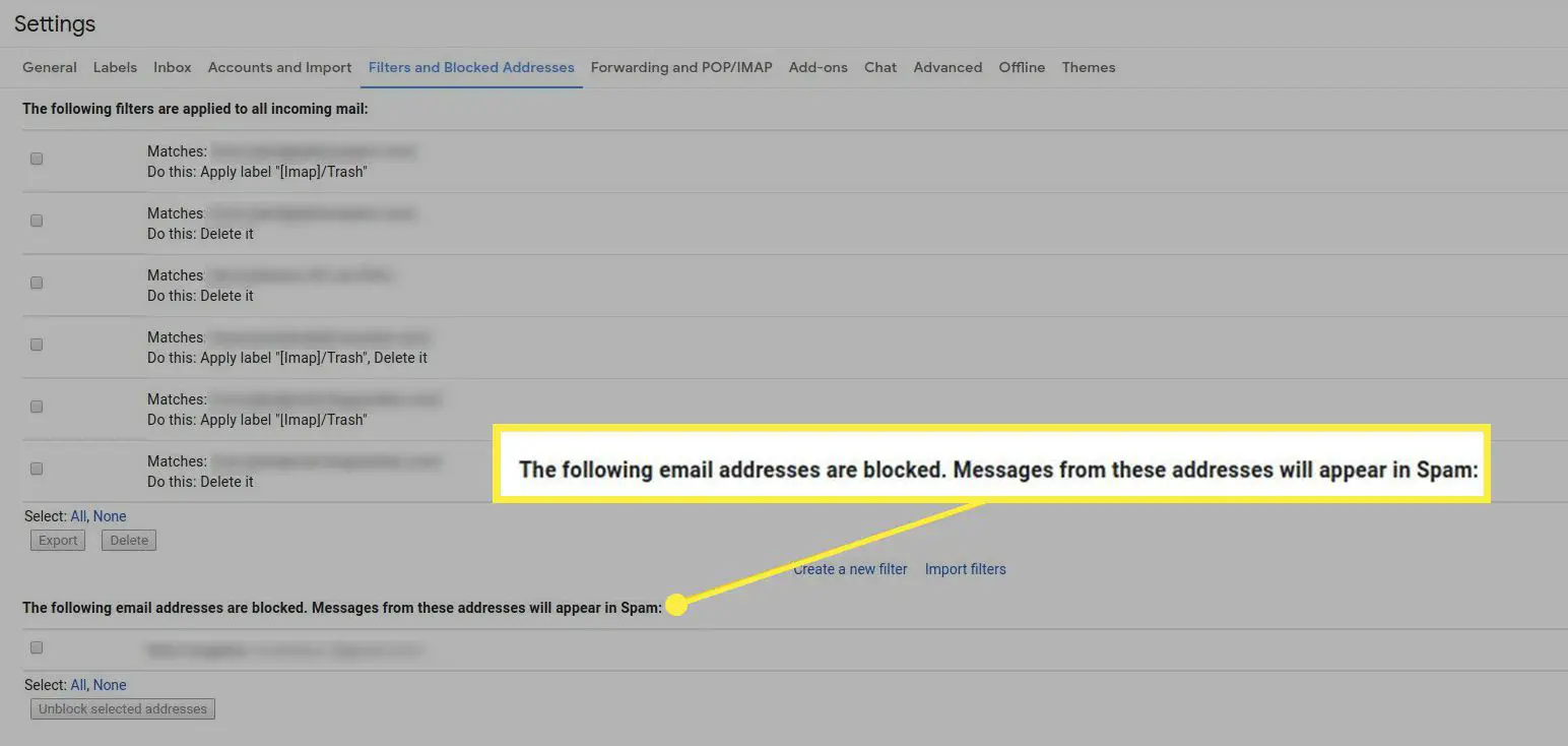 A lista de endereços de e-mail bloqueados