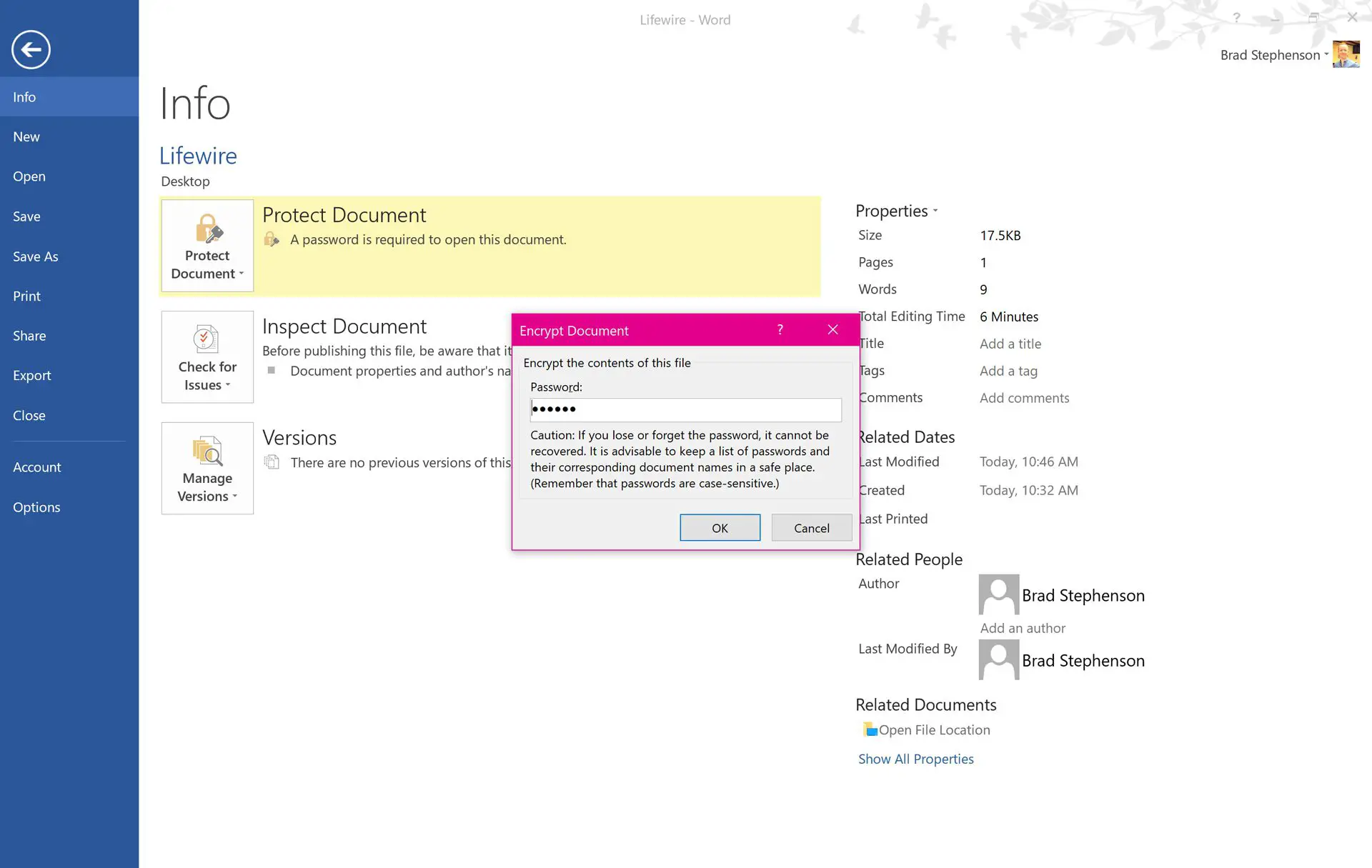 Alterar uma senha em um arquivo de documento protegido do Microsoft Word no Windows 10.