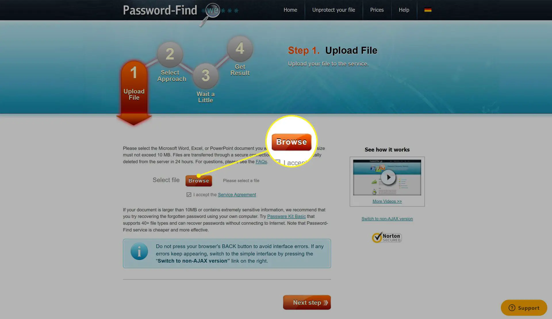 O site Password-Find com o botão Browse destacado