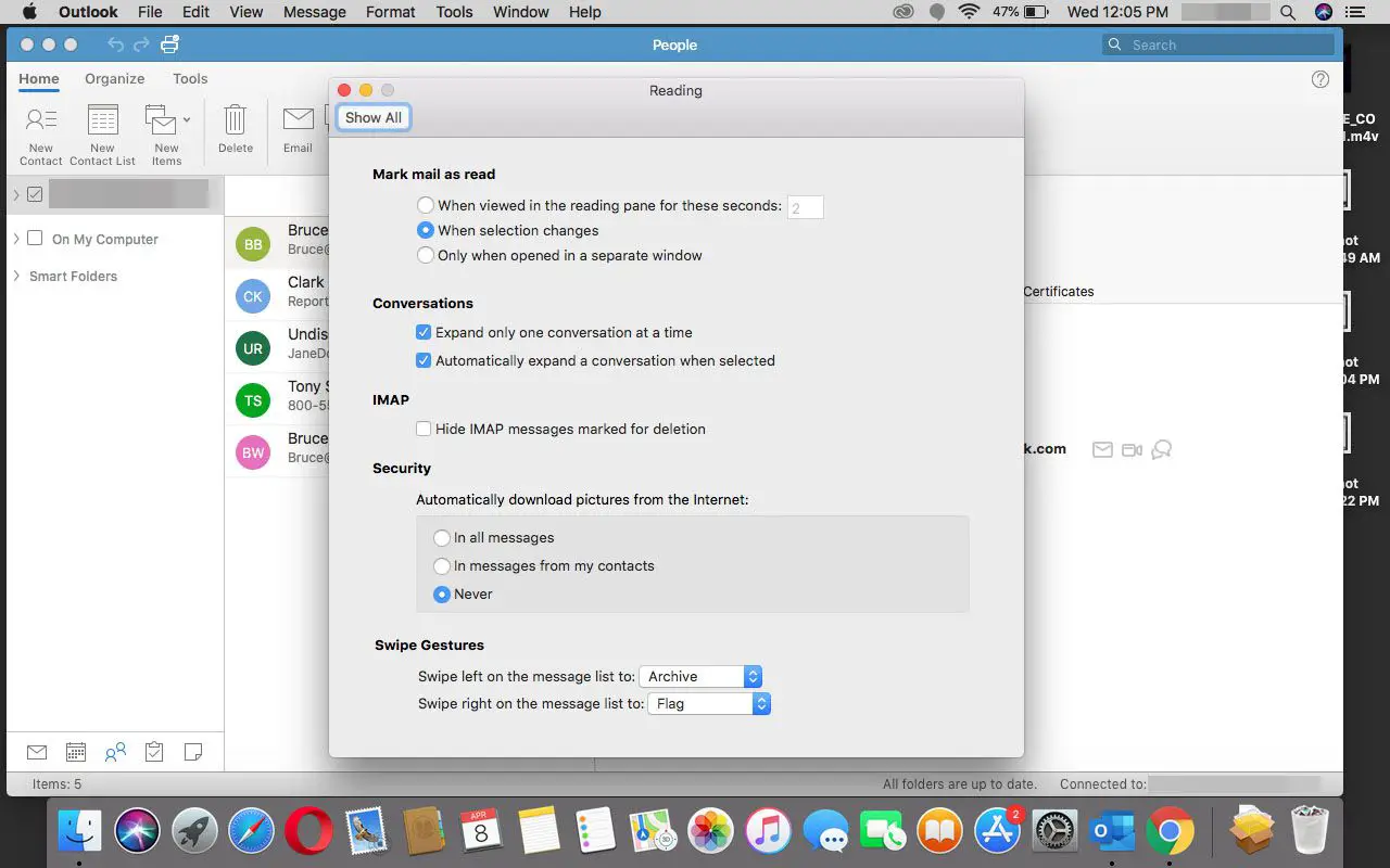 Leitura de preferências no Outlook para Mac.