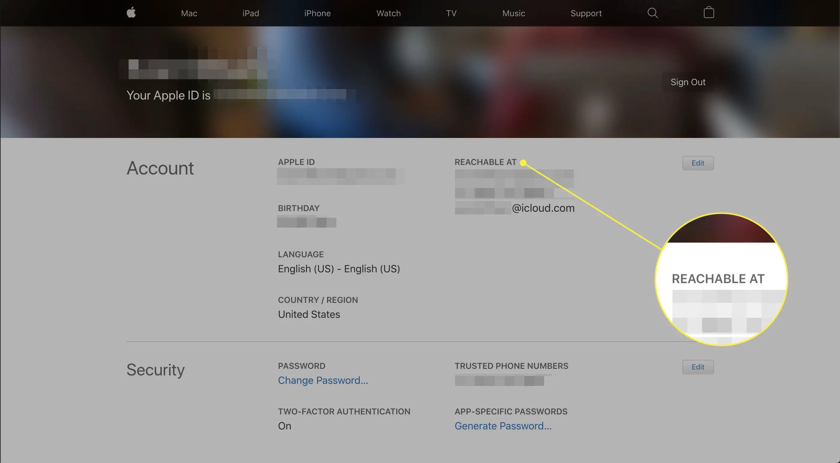 Uma captura de tela da página da conta da Apple ID com a seção Acessível em destacada