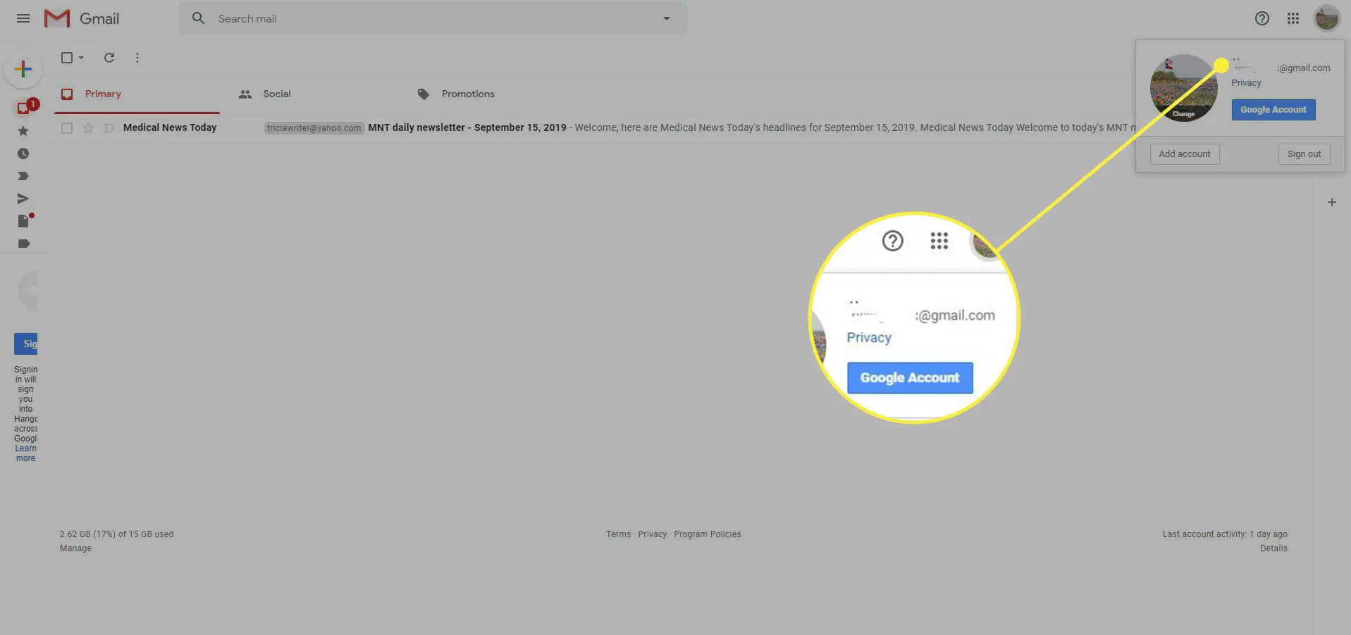 Uma captura de tela do Gmail com o endereço de e-mail da conta em destaque