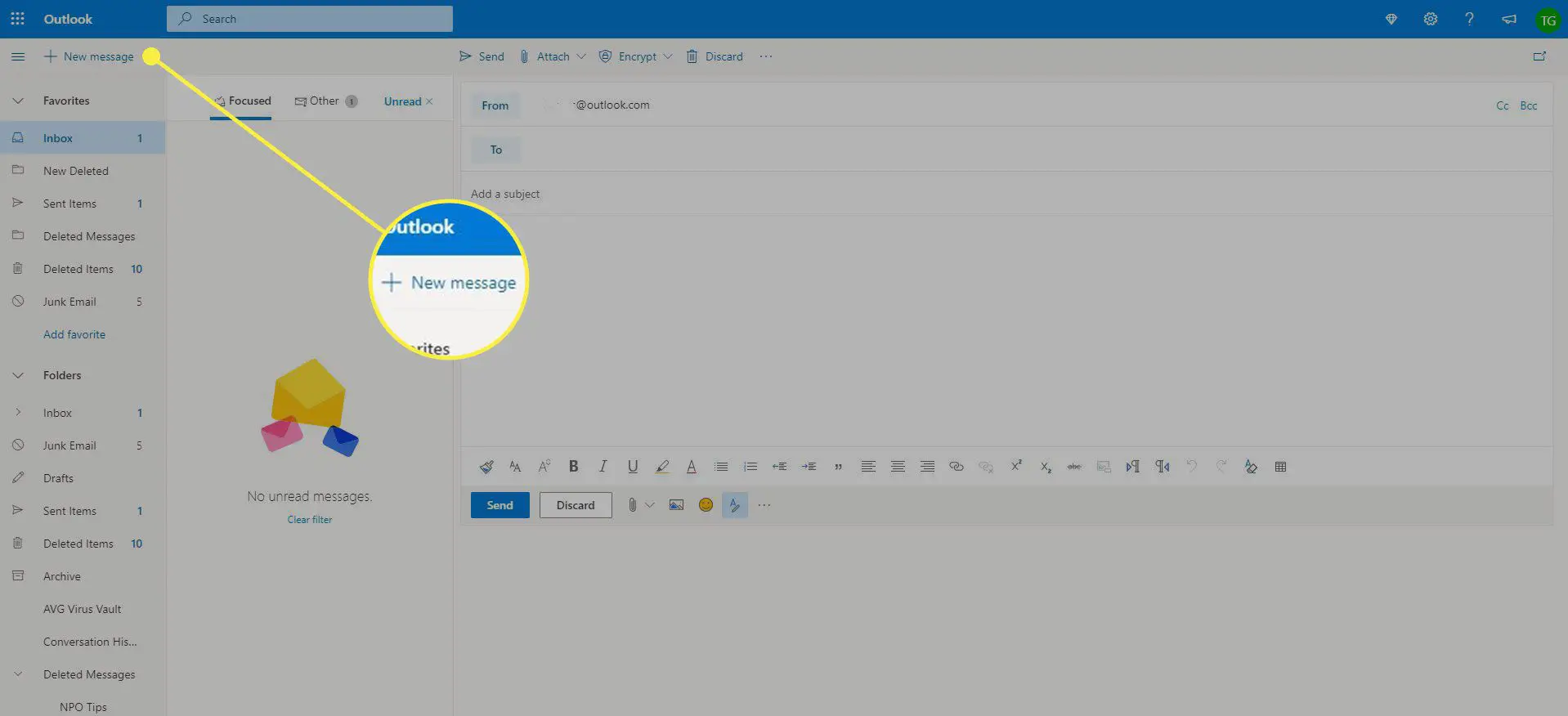 Uma captura de tela do Outlook com o botão Nova mensagem destacado