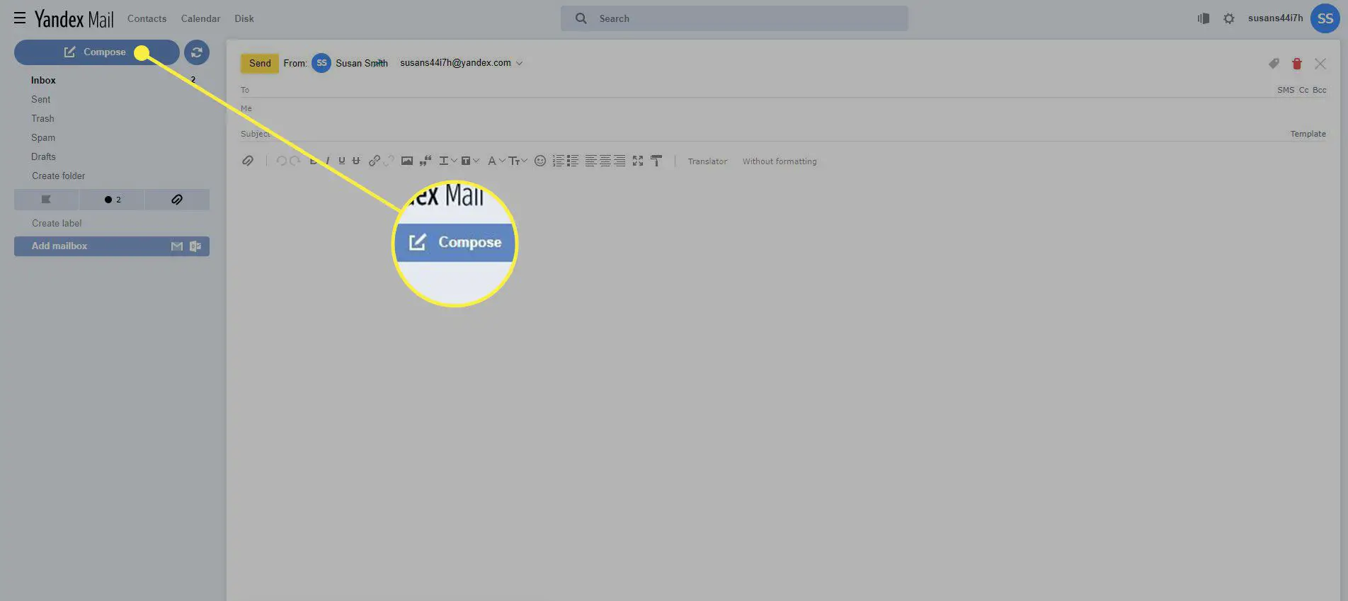Uma captura de tela do Yandex Mail com o botão Compor destacado