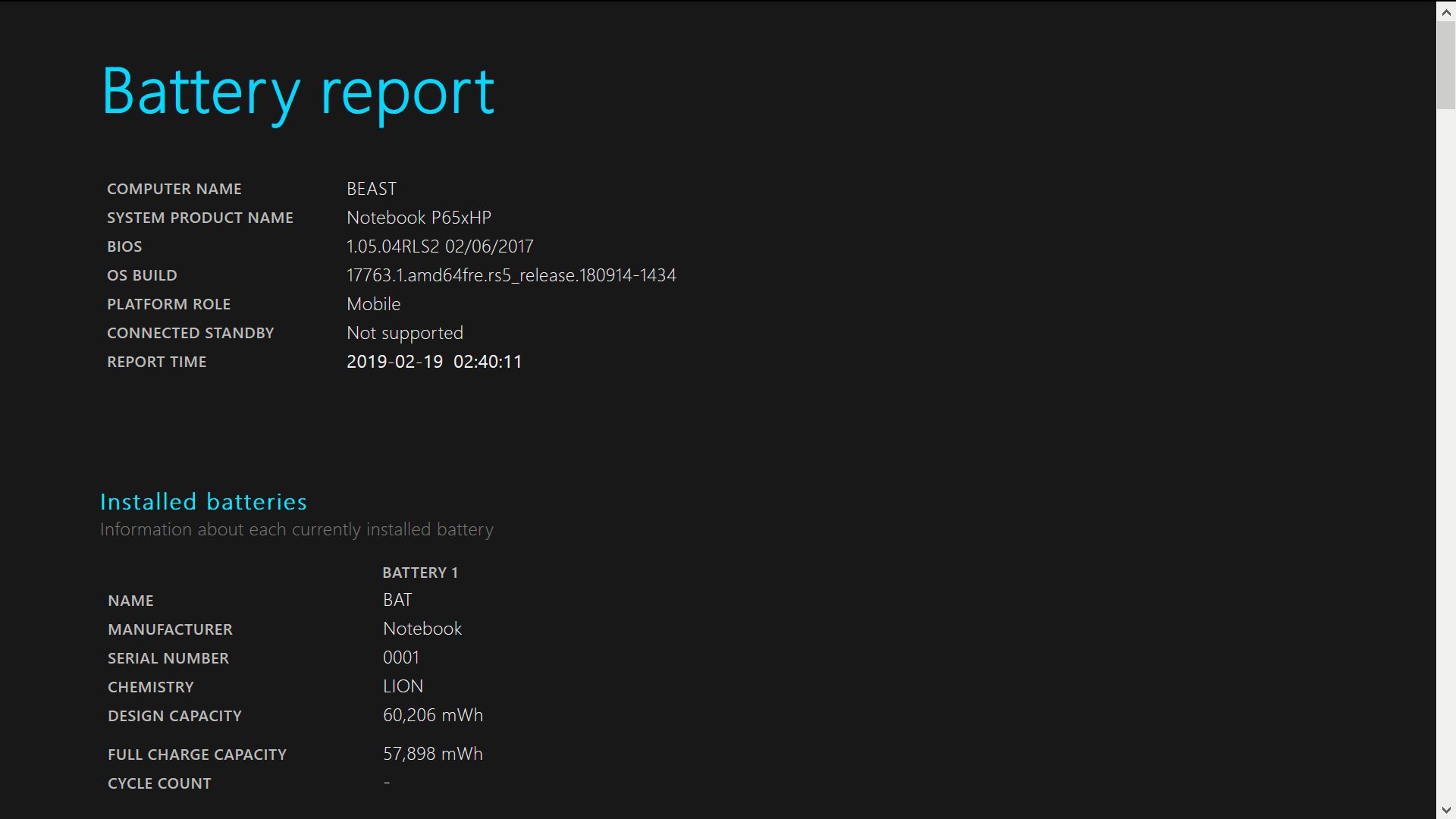 Uma captura de tela das duas primeiras seções de um relatório de bateria do Windows 10.