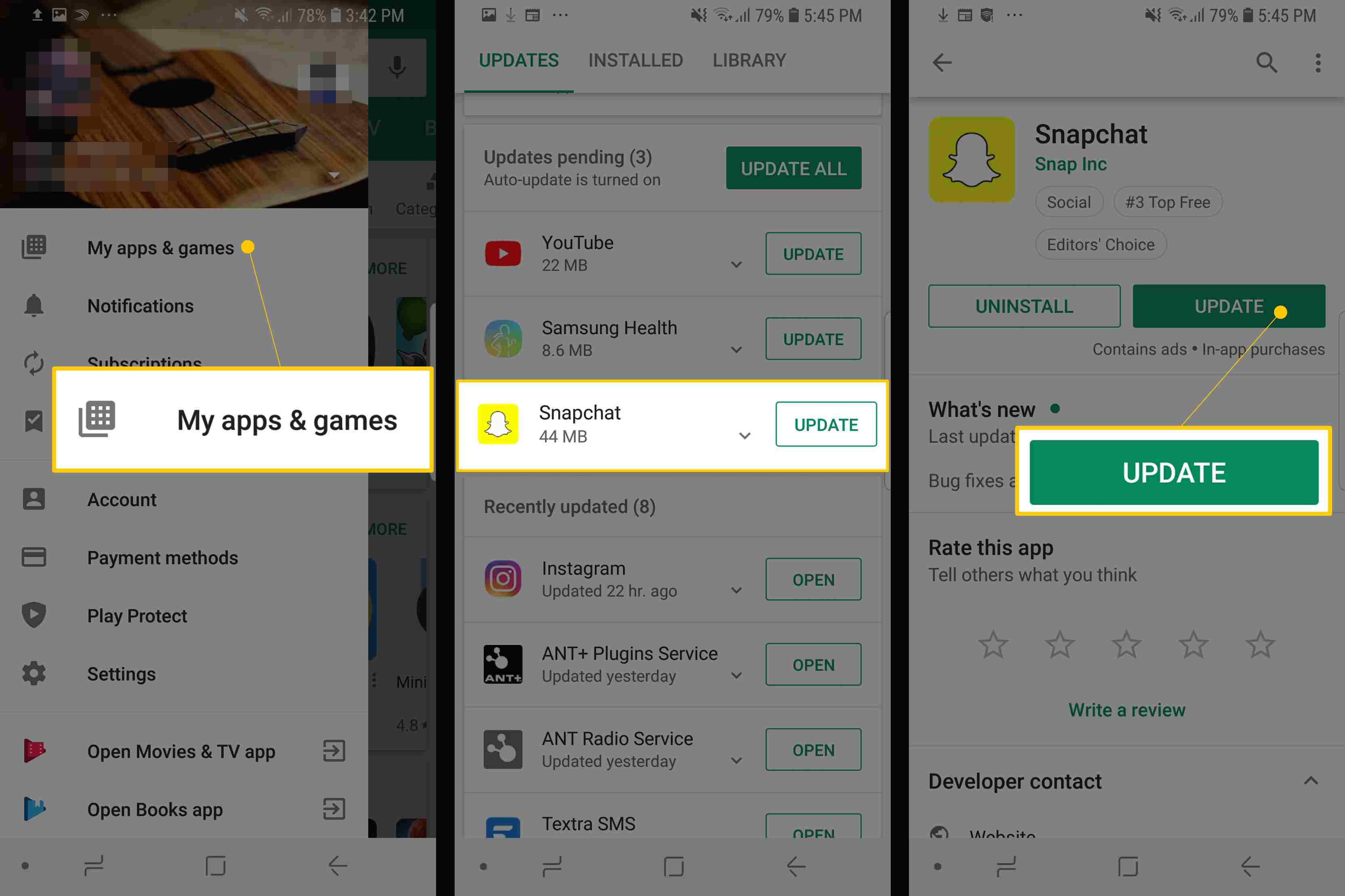 Três telas do Snapchat para Android mostrando Meus aplicativos e jogos, atualização do Snapchat na lista e botão Atualizar
