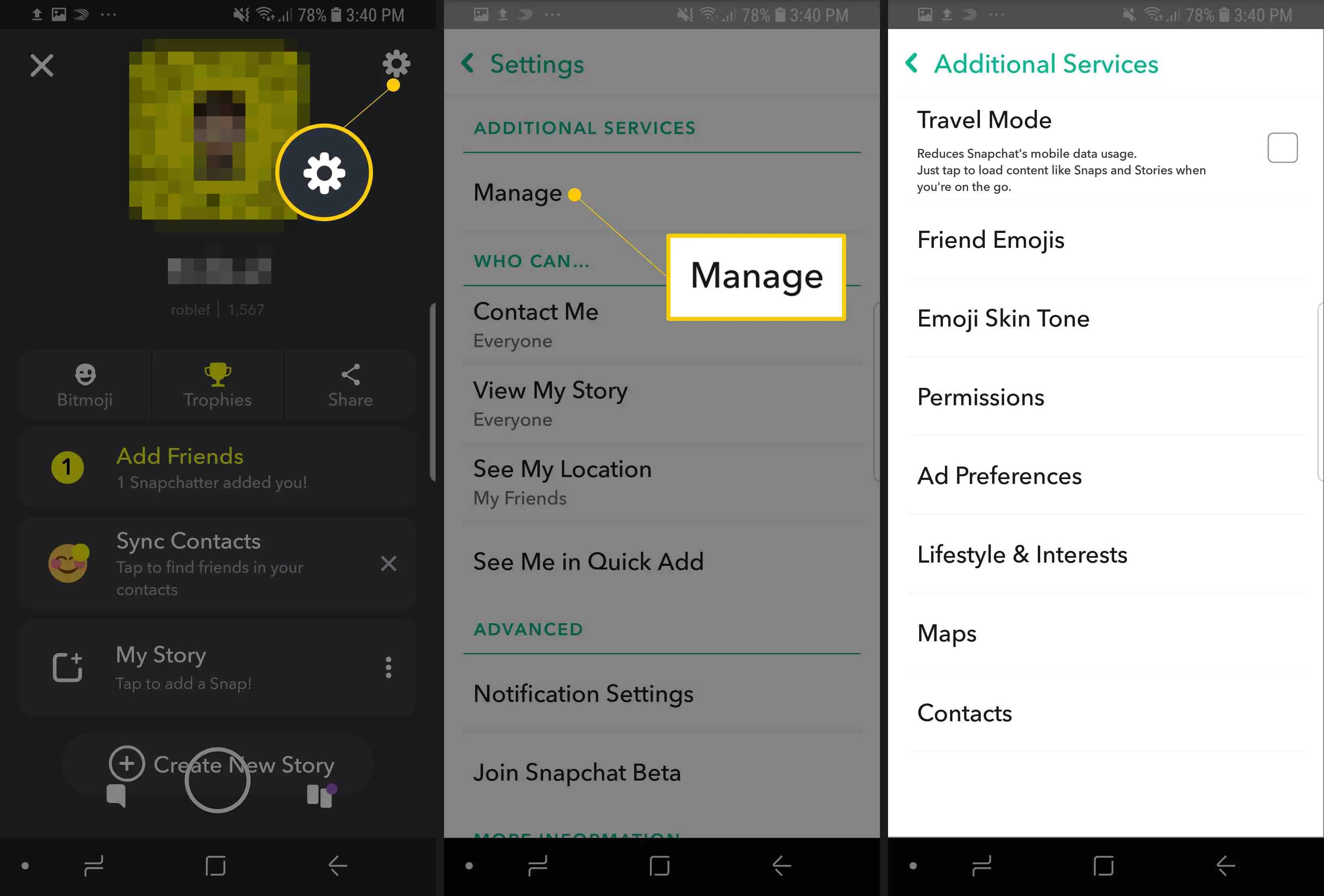 Três telas do Snapchat para Android exibindo o ícone de engrenagem, o botão Gerenciar e a página de serviços adicionais