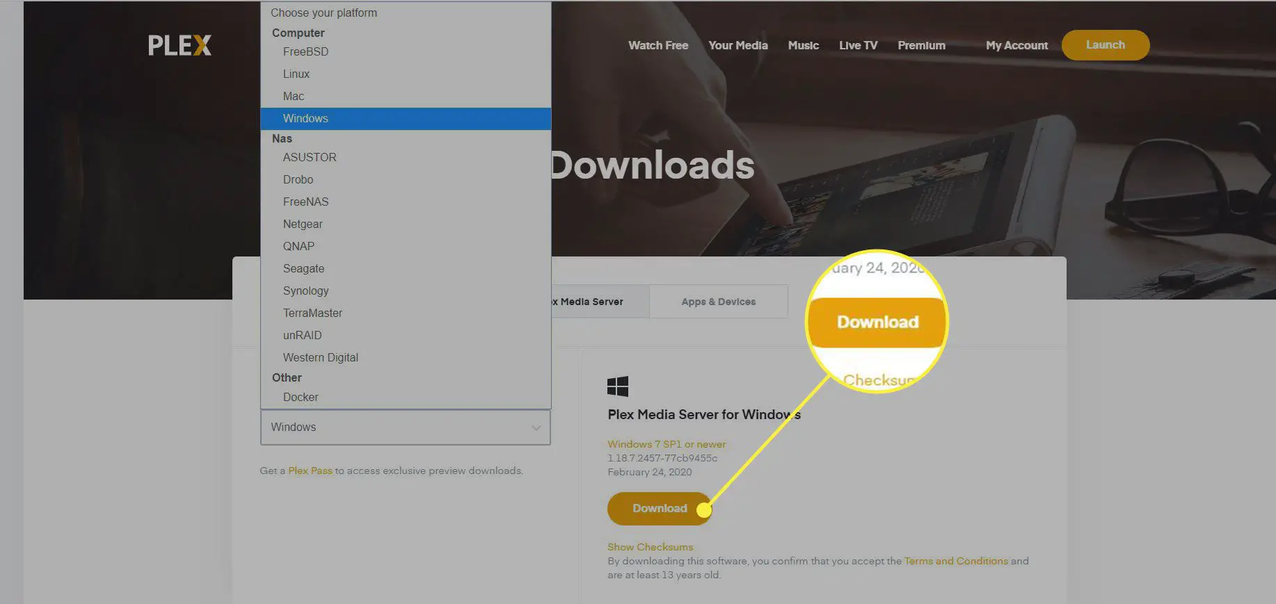 Uma captura de tela do site Plex com o botão Download destacado