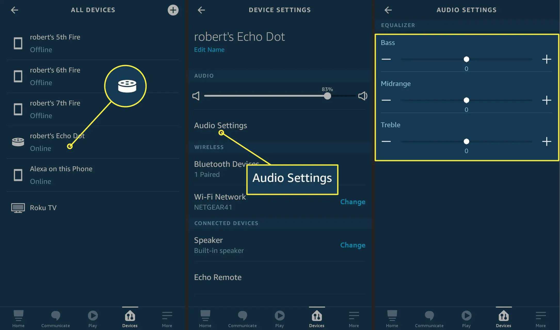 Configurações de áudio no aplicativo Alexa
