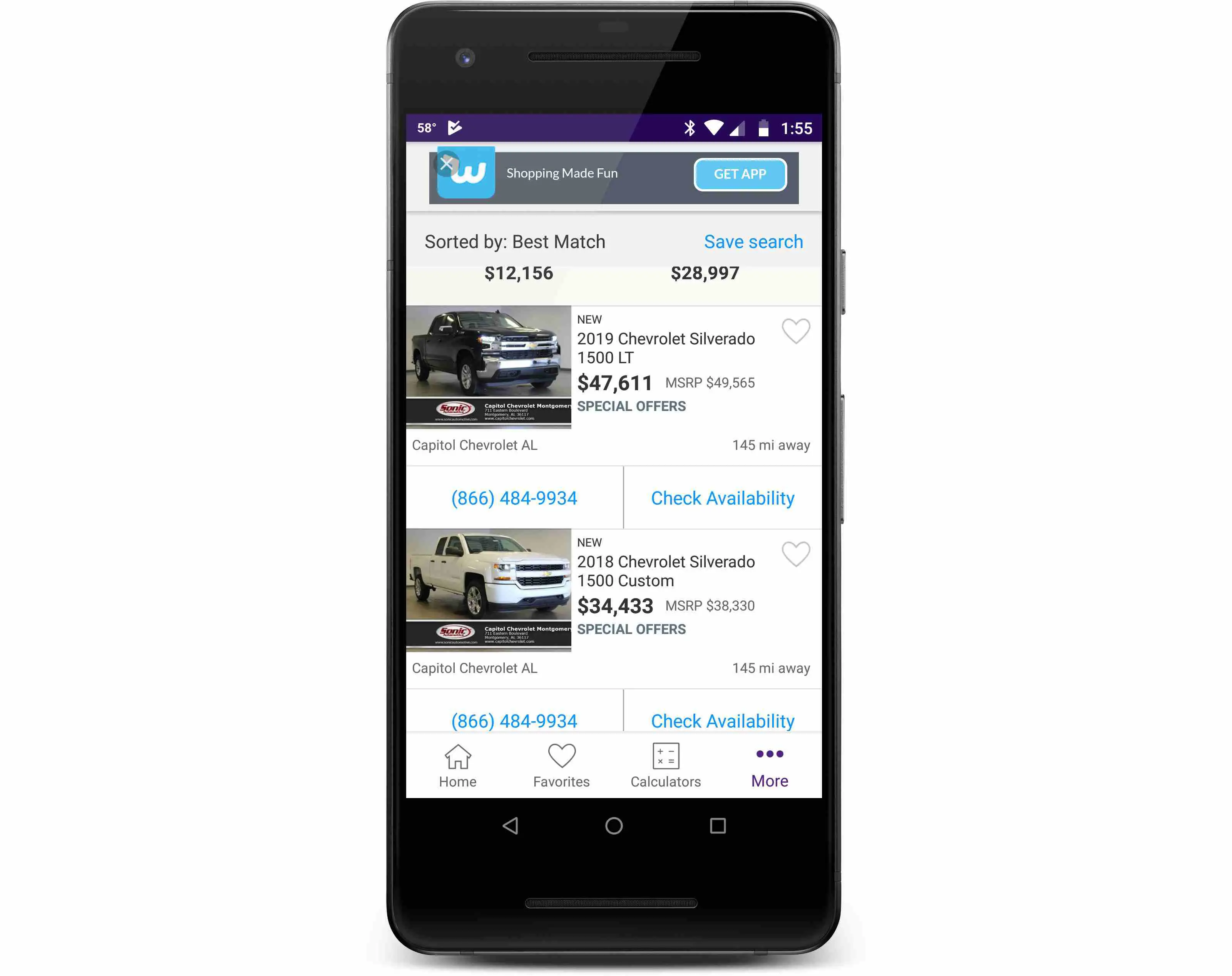 O aplicativo Cars.com exibido em um telefone