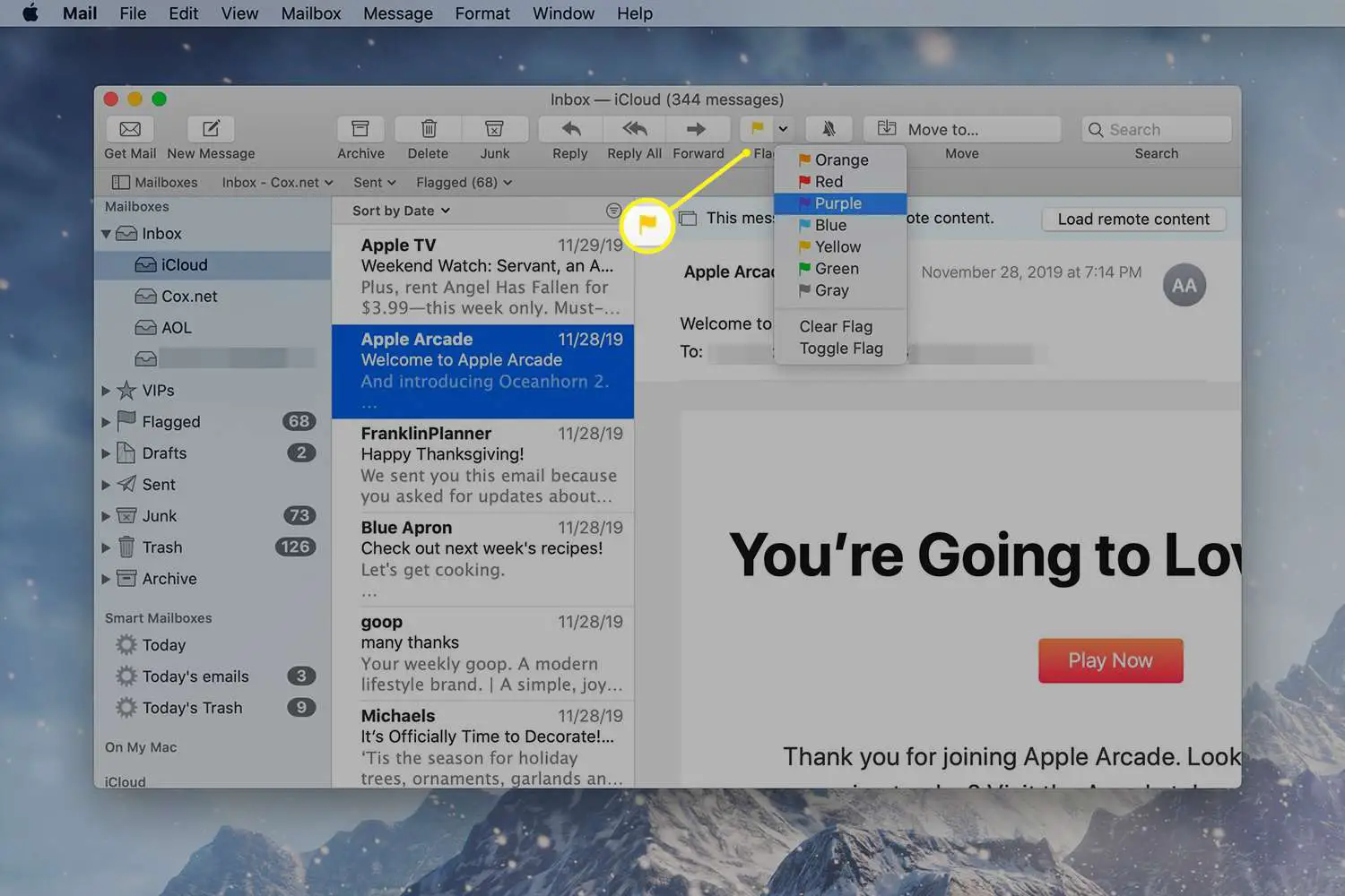 O menu suspenso Sinalizador no Mail em um Mac